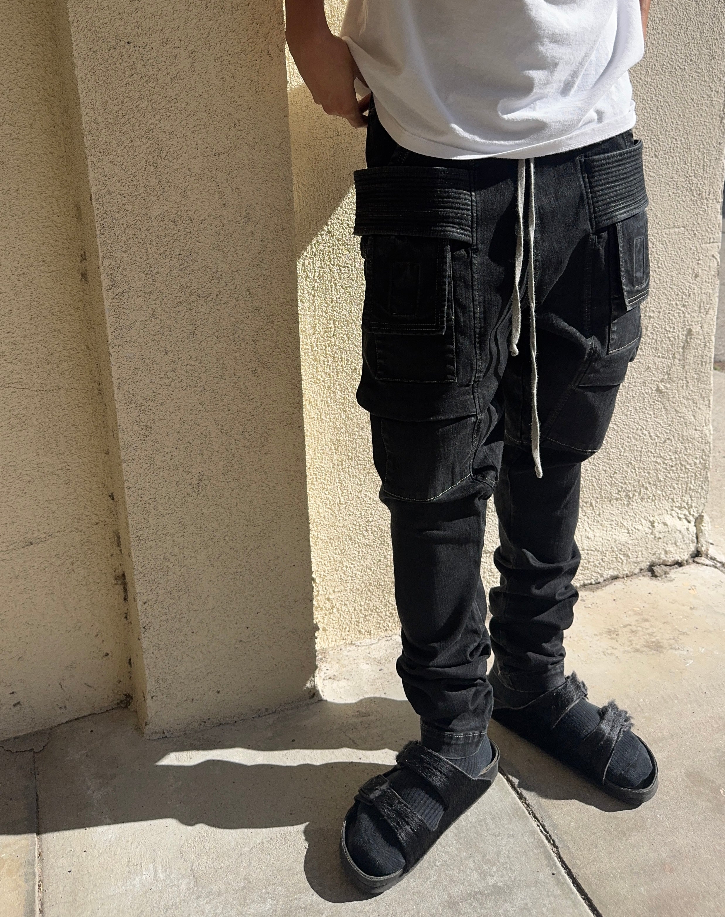 FW21 Rick Owens “Gethsemane” Black Waxed Creatch Cargo Pants