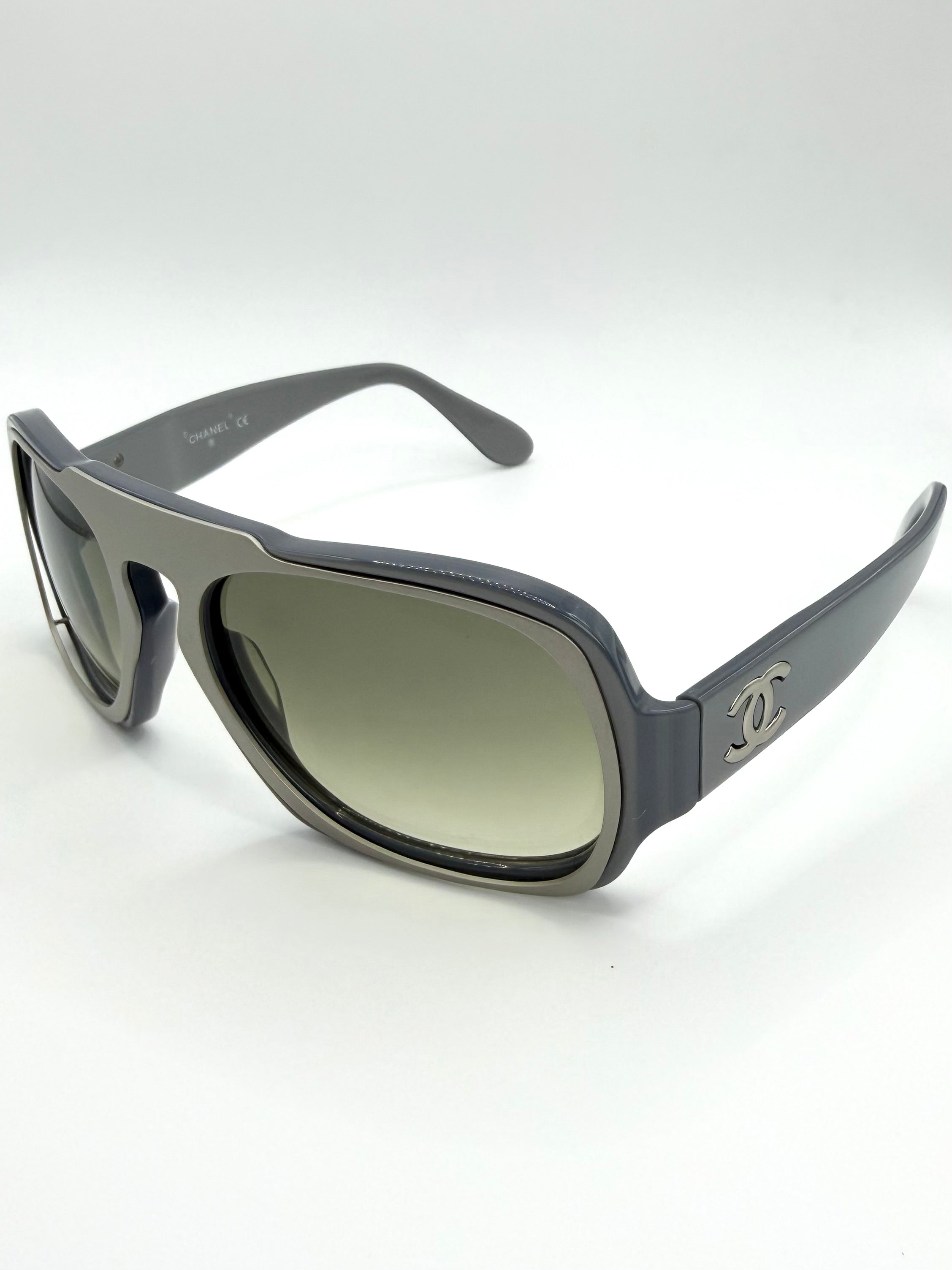 2000s Chanel ‘26614’ Grey CC Overlay Shield Sunglasses