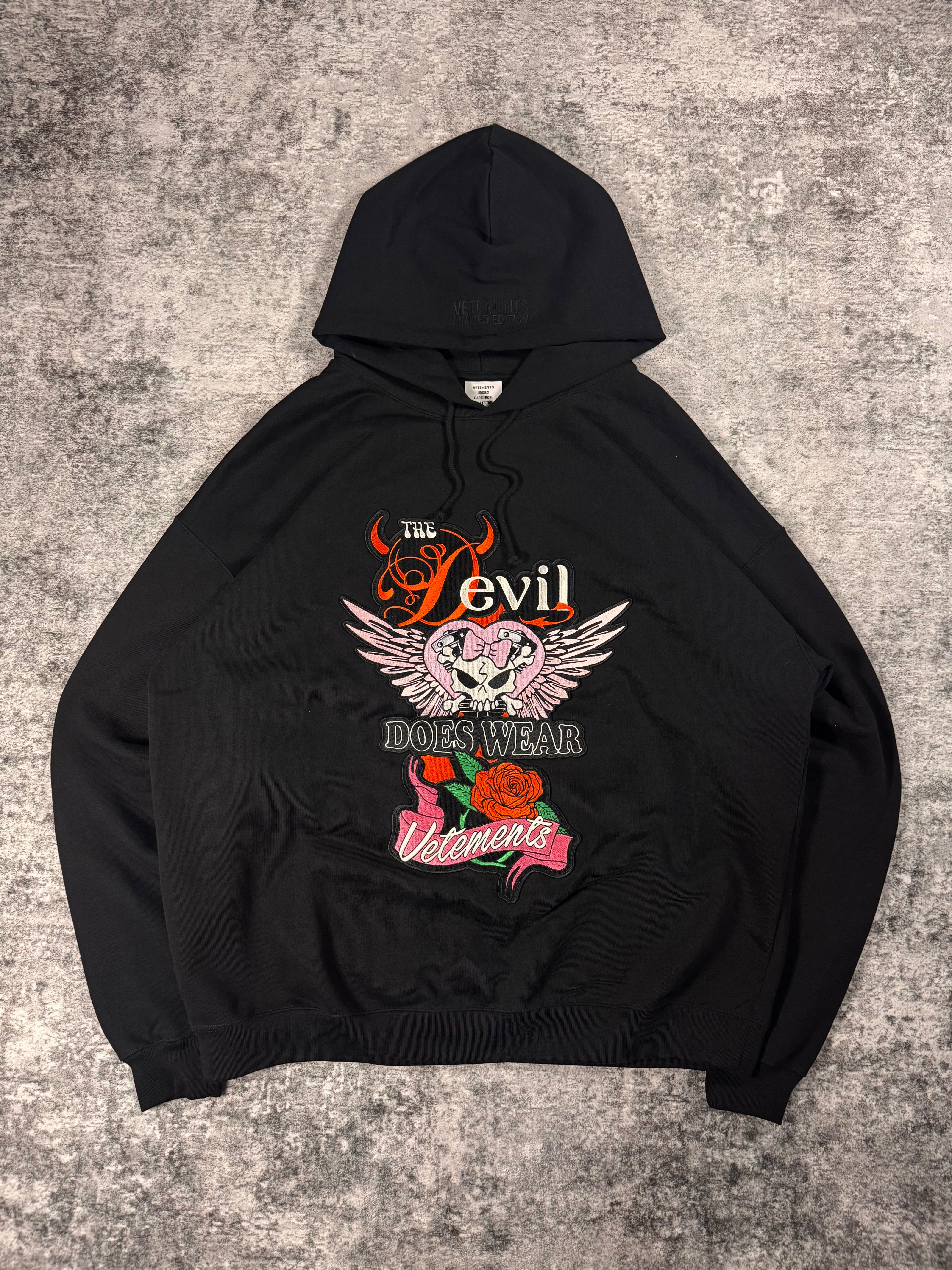 Vetements black hoodie with devil inspired gothic embroidery