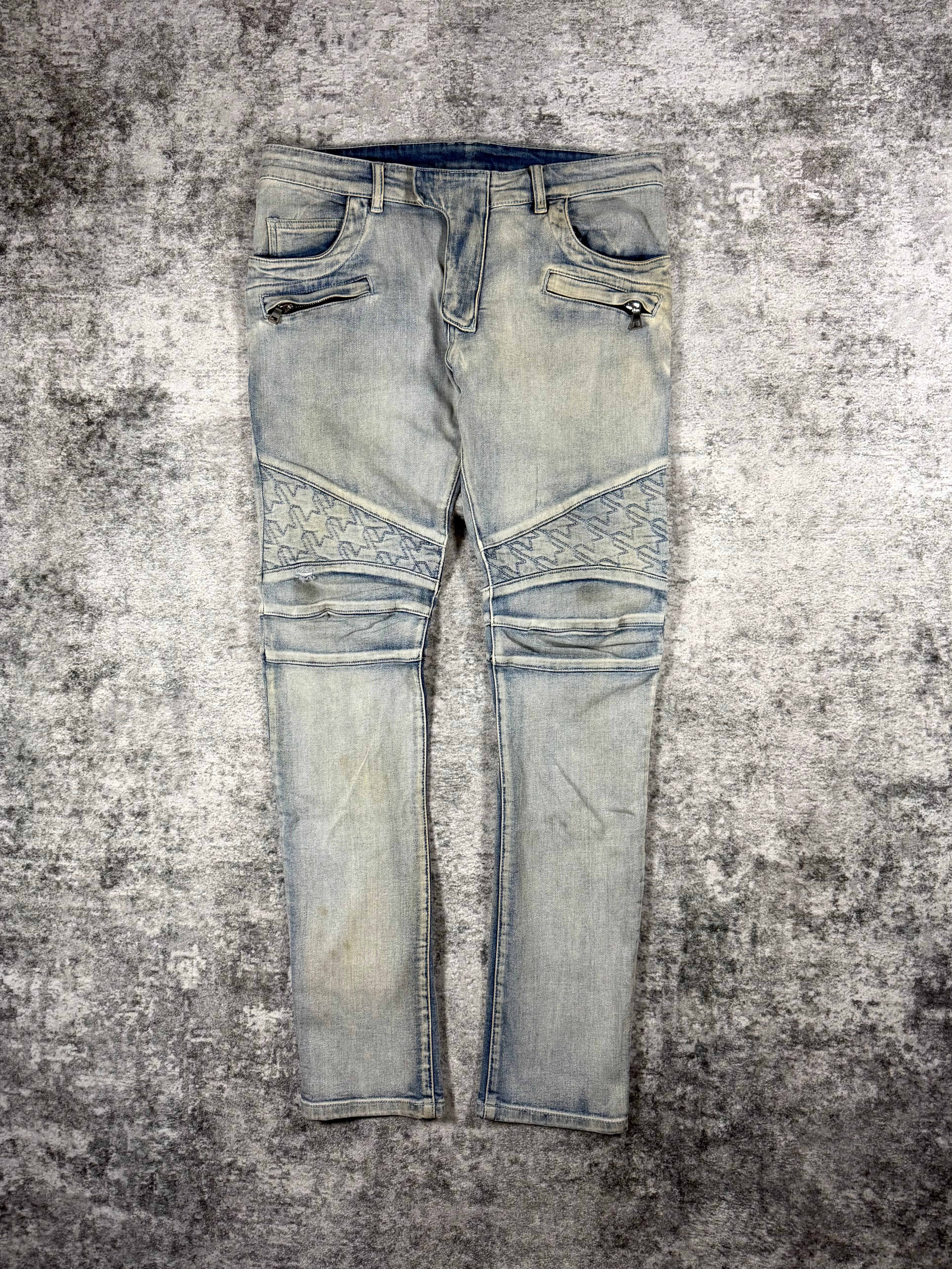 2010s Balmain ‘Houndtooth’ Dirty Light Wash Biker Denim