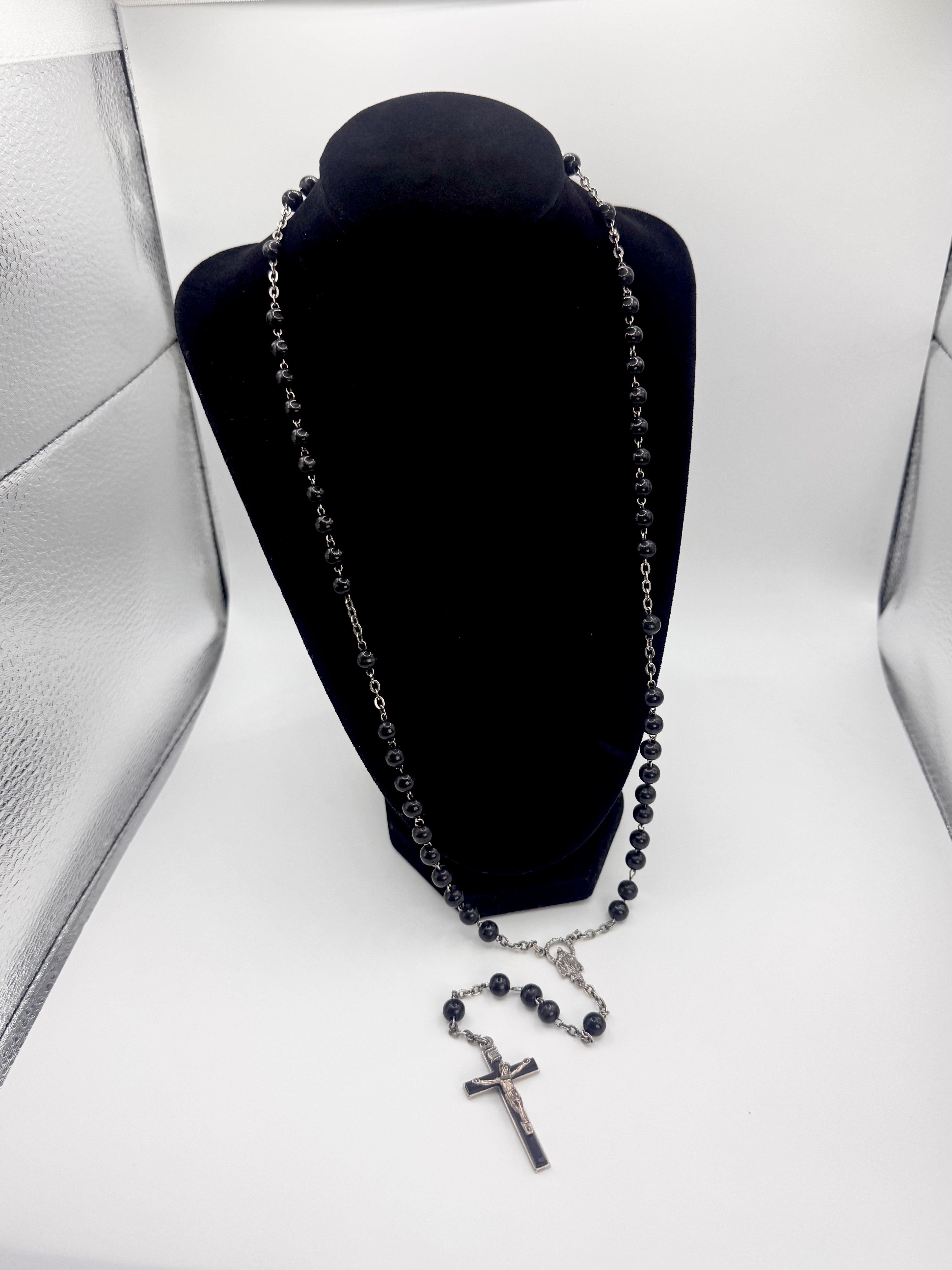 2000s Dolce & Gabbana Black Beaded Rosary Cross Necklace