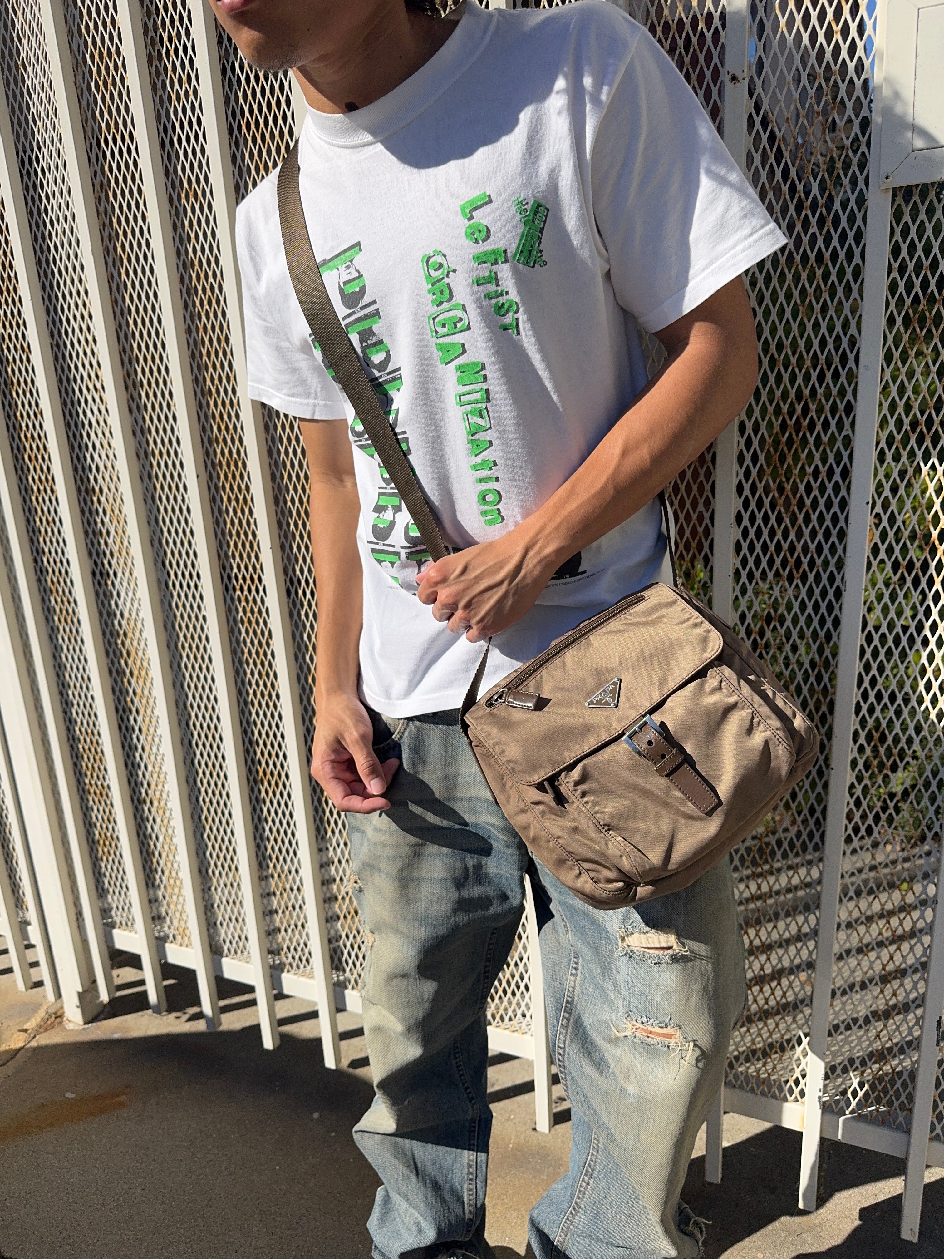 2000s Prada Milano Ash Brown Nylon Crossbody Bag