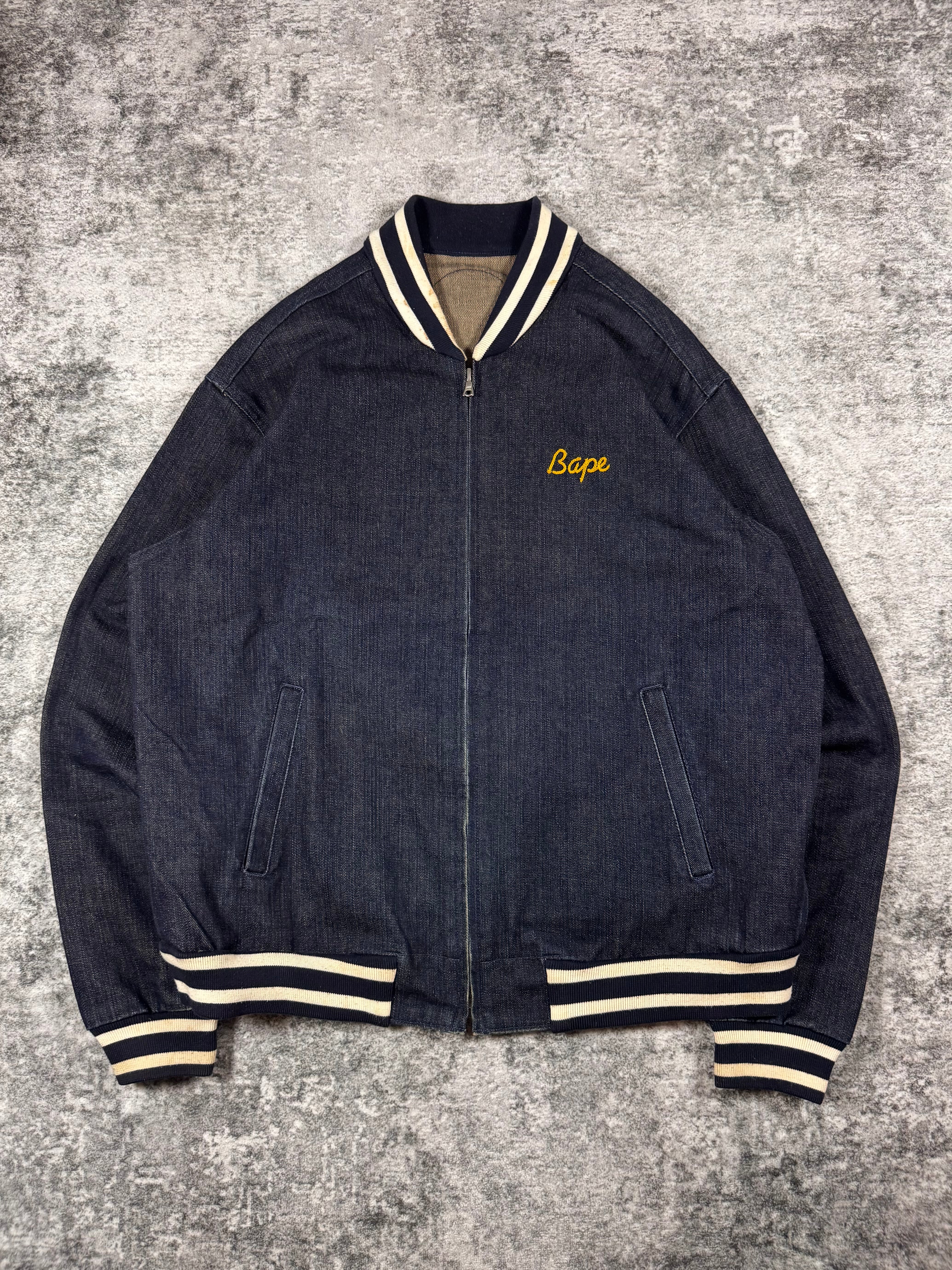 2000s A Bathing Ape ‘Ape Head’ Embroidery Selvedge Denim Varsity Jacket