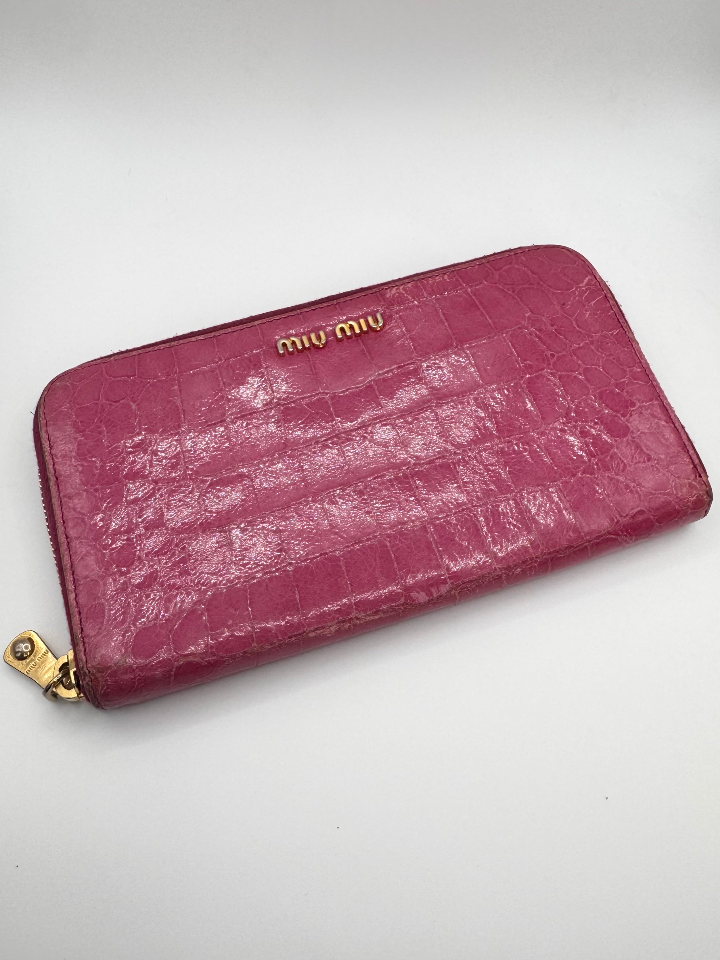 2000s Miu Miu Pink Gator Texture Leather Wallet
