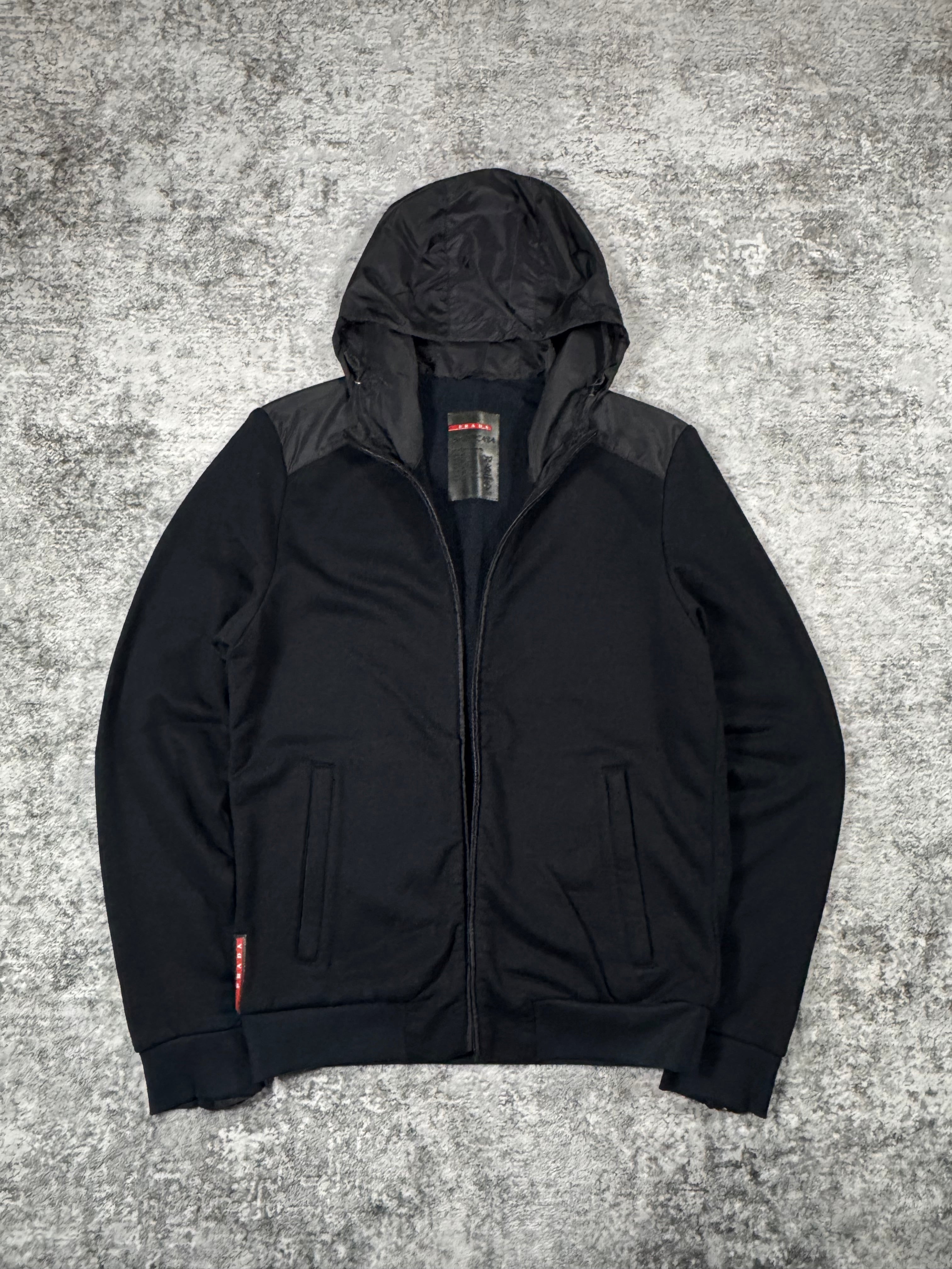 FW16 Prada Sport Black Hybrid Nylon Hood Zip-Up