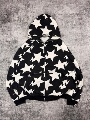 Mid-2000s BAPE Classics black and white star print full-zip hoodie laid flat, made in Japan