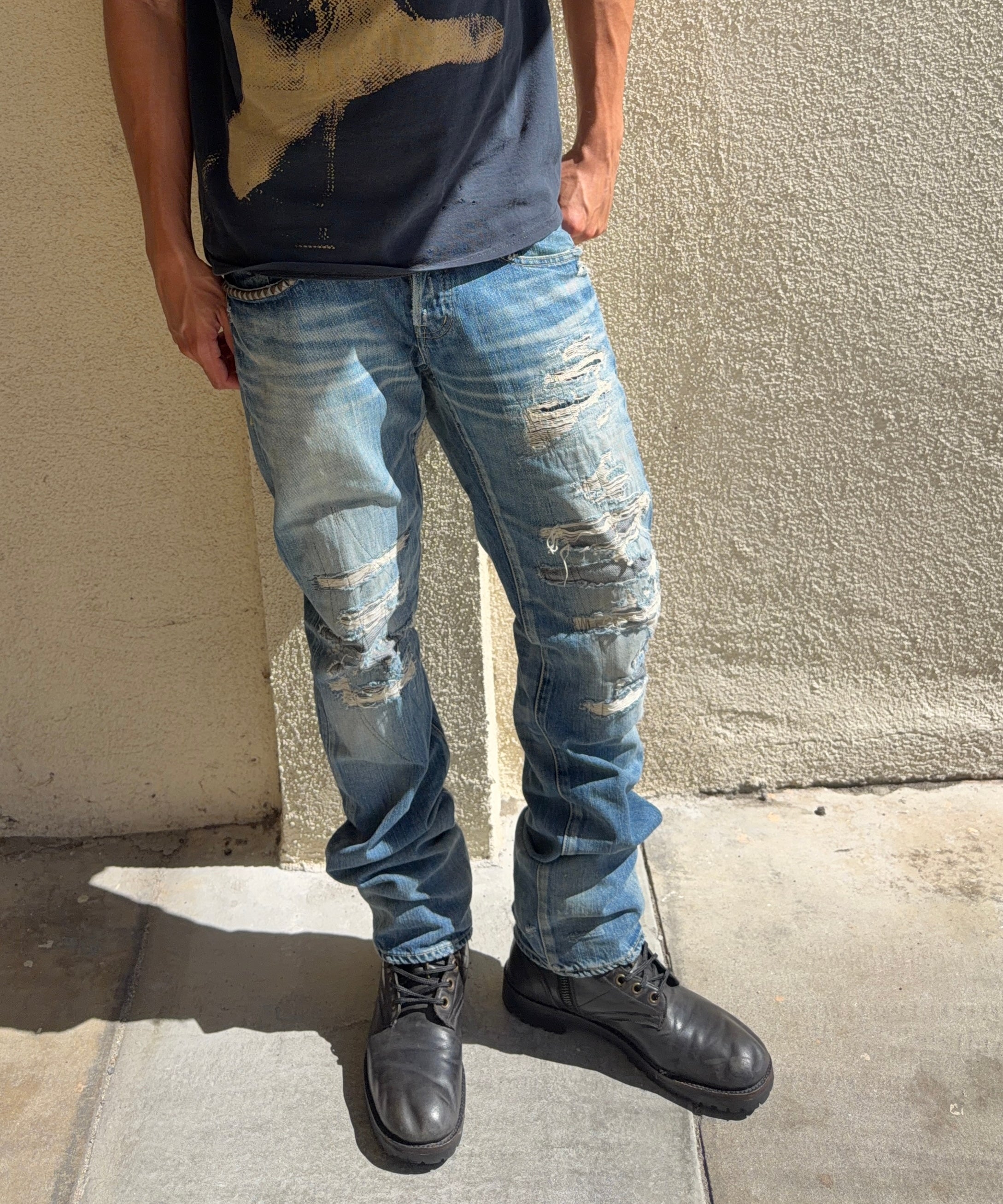 2000s Hysteric Glamour Studded Sashiko Distressed Patchwork Denim