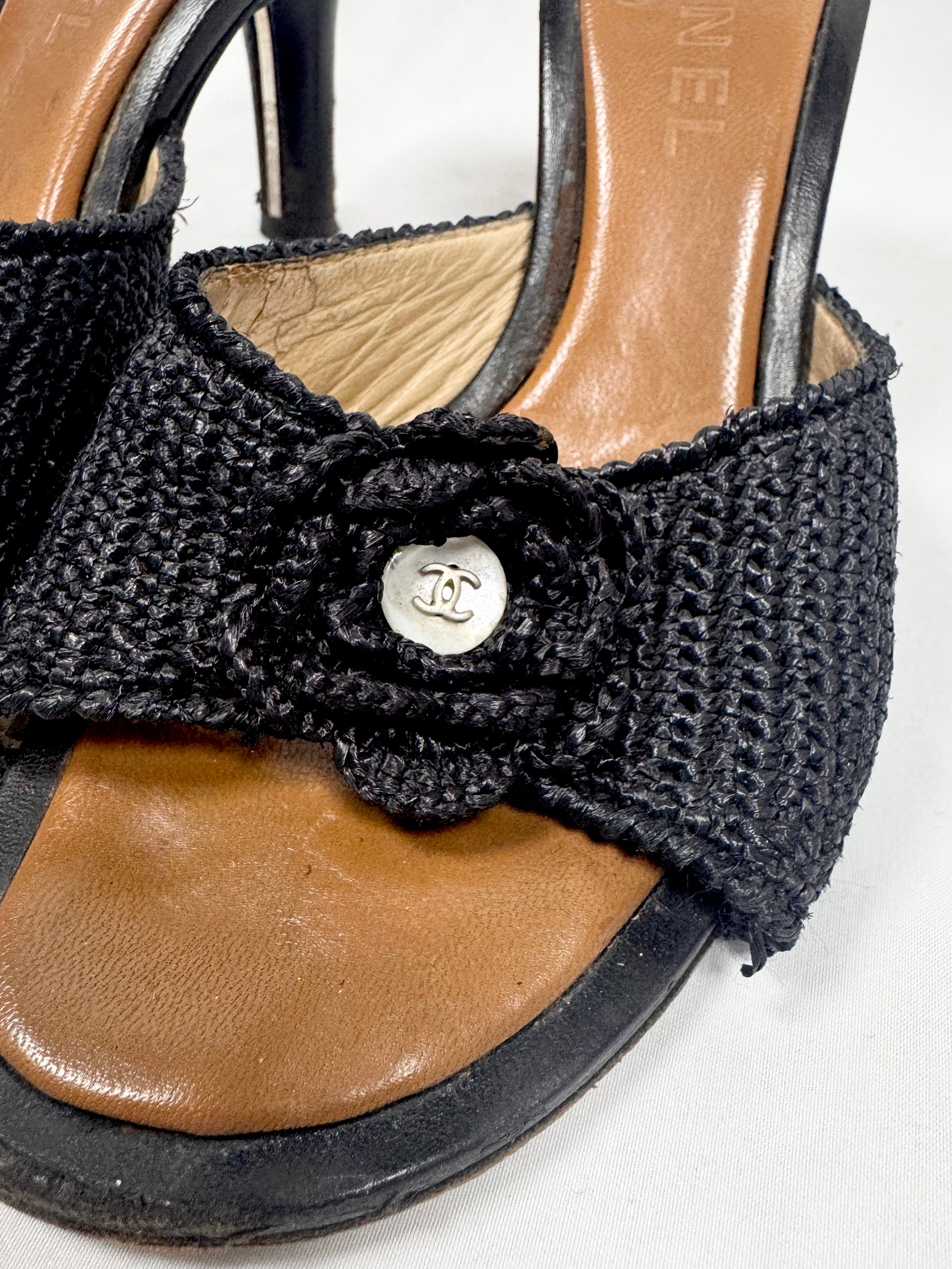 2000s Chanel Woven ‘CC’ Raffia Camellia Mule Heels
