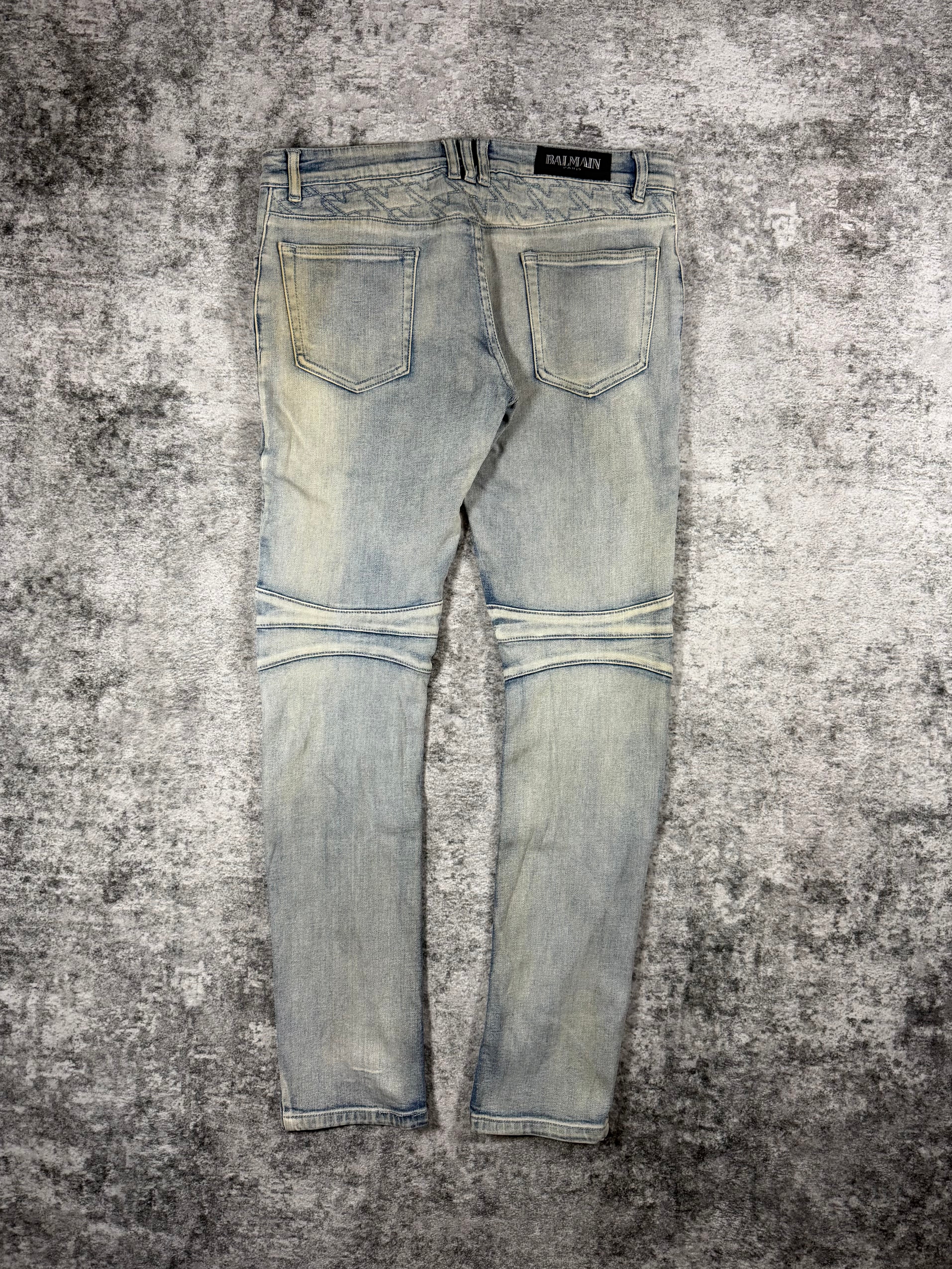 2010s Balmain ‘Houndtooth’ Dirty Light Wash Biker Denim