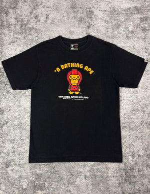 Mid-2000s BAPE Baby Milo black graphic T-shirt with front print, made in Japan