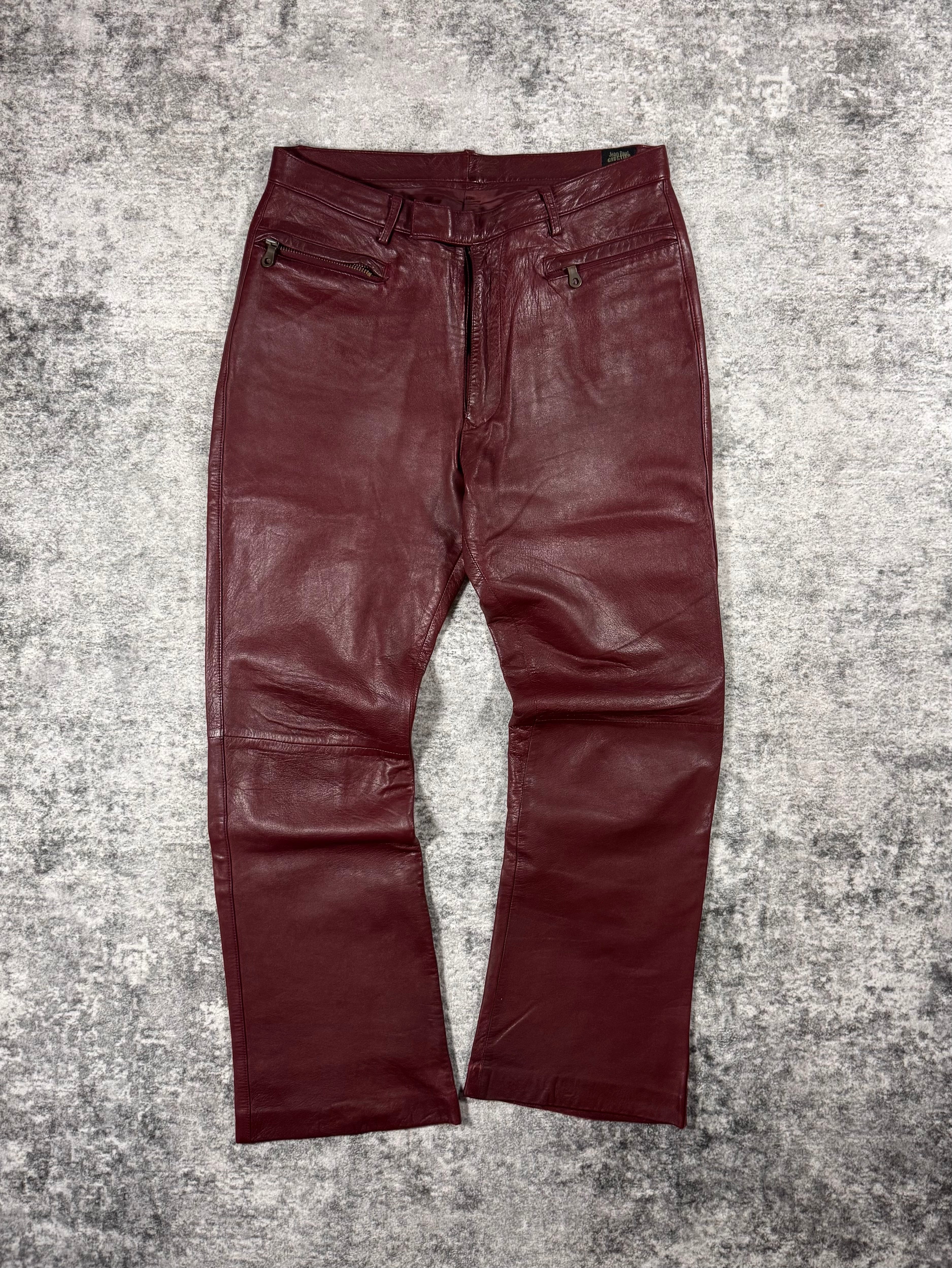 2000s Jean Paul Gaultier Homme Burgundy Lamb Leather Flare Pants