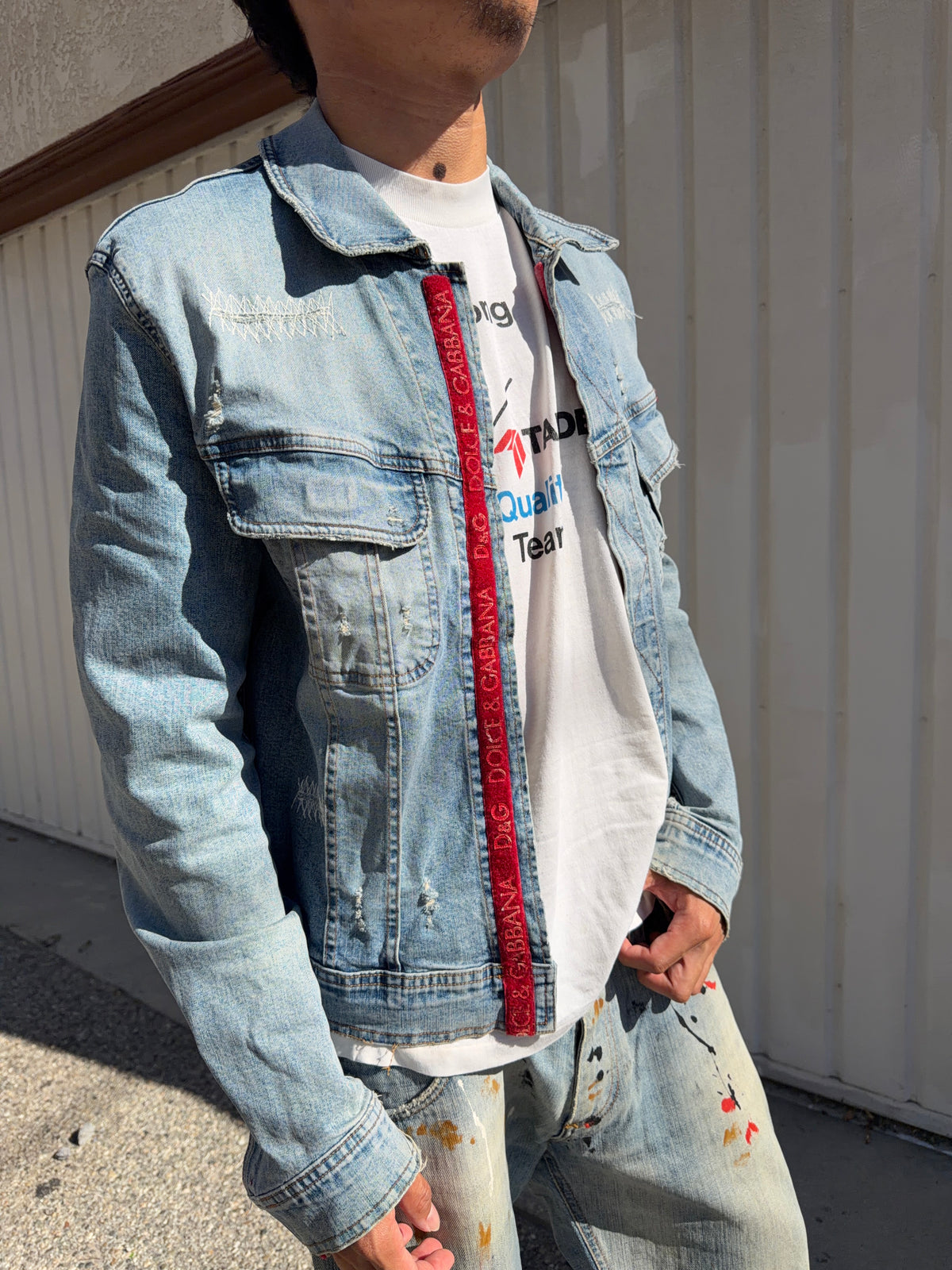 2000s Dolce & Gabbana Rouge Velcro Logo Distressed Denim Jacket