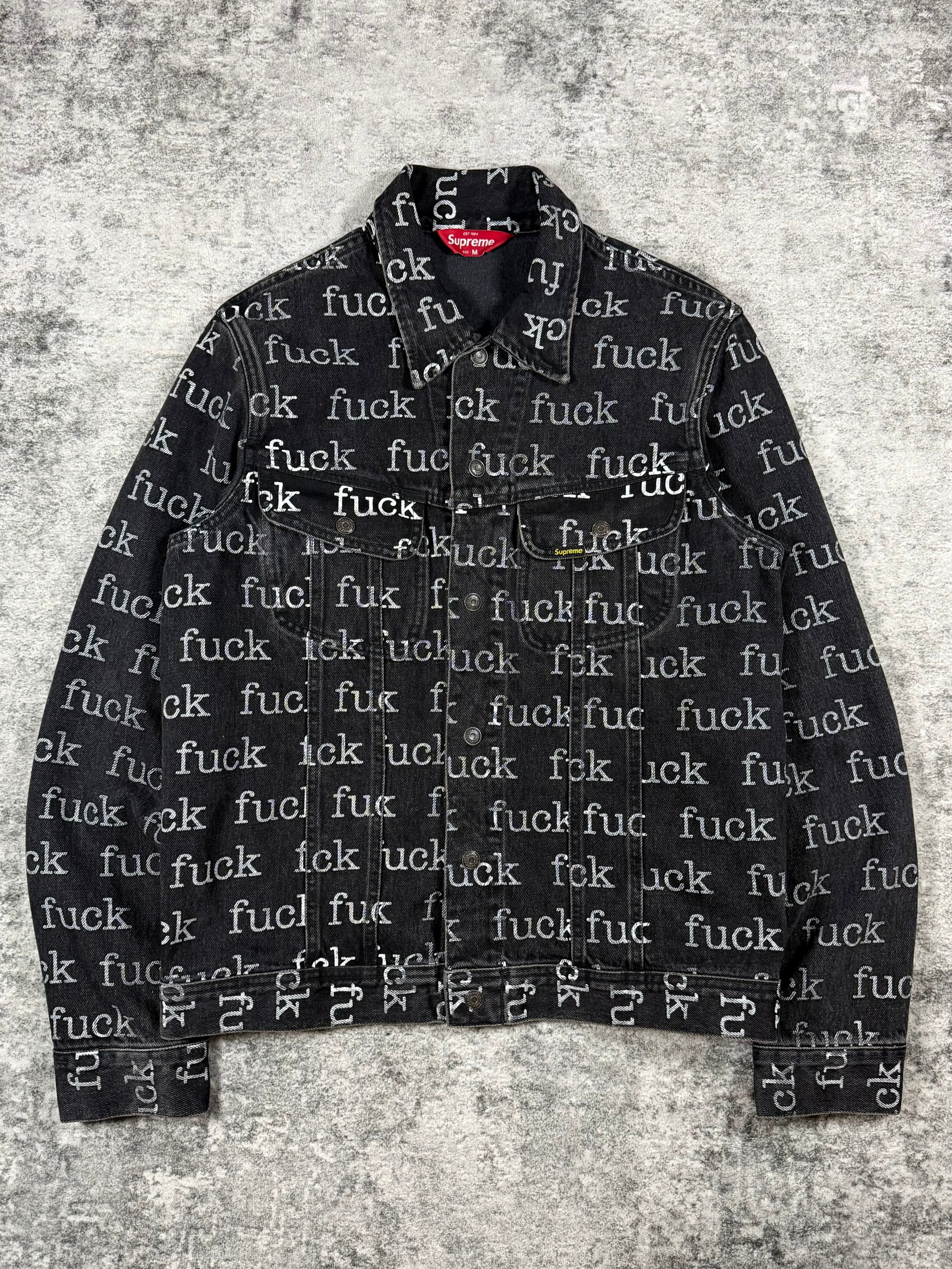 FW13 Supreme ‘Fuck’ Monogram Black Denim Trucker Jacket