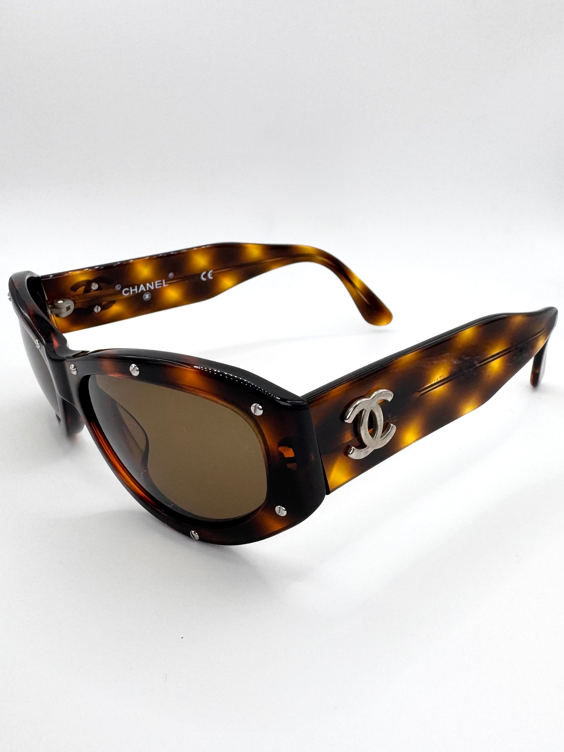 2000s Chanel ‘06918’ CC Havana Acetate Studded Sunglasses