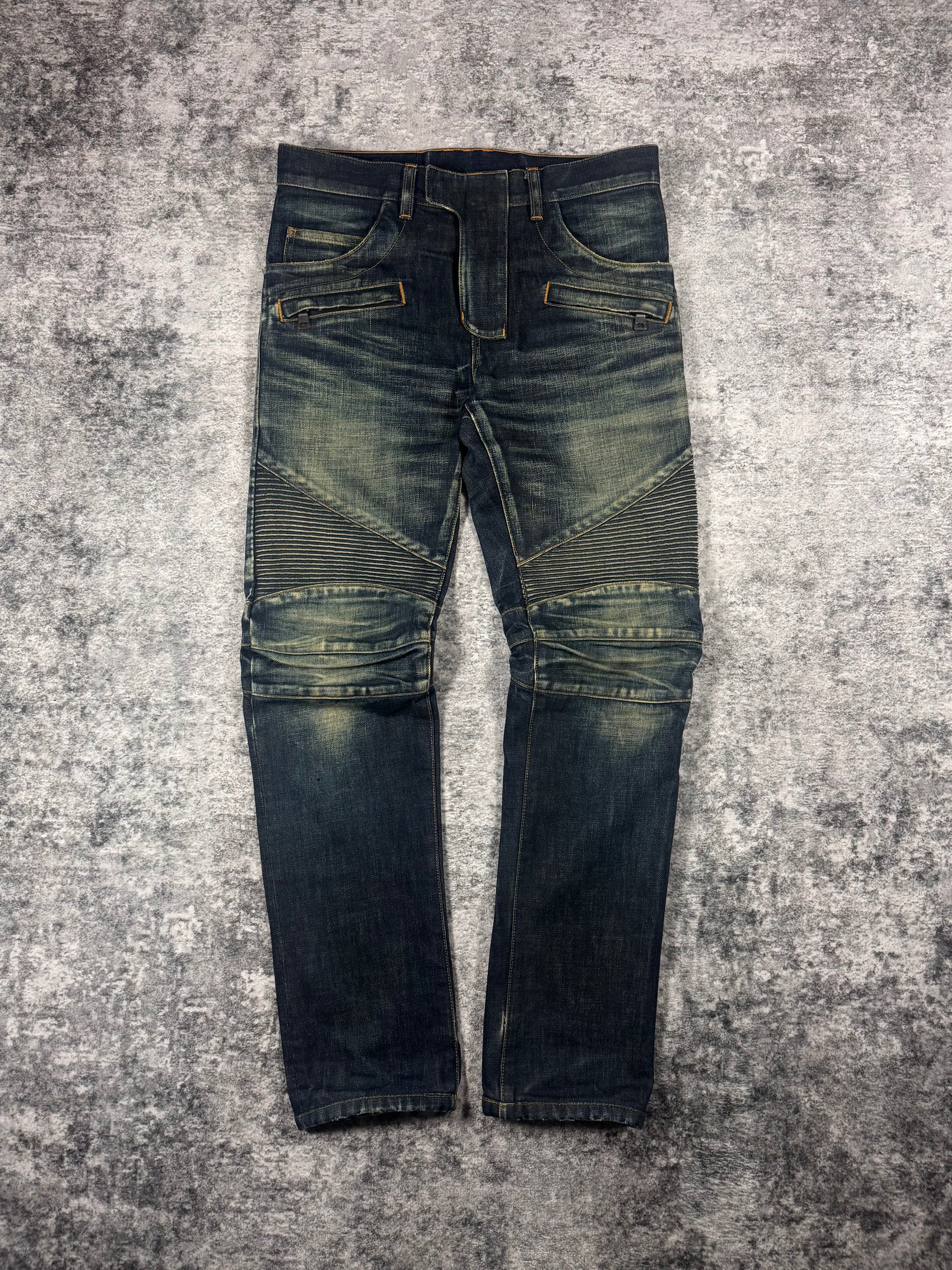 SS14 Balmain Homme Olivier Rousteing deep indigo faded biker jeans with ribbed knee panels