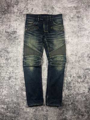 SS14 Balmain Homme Olivier Rousteing deep indigo faded biker jeans with ribbed knee panels