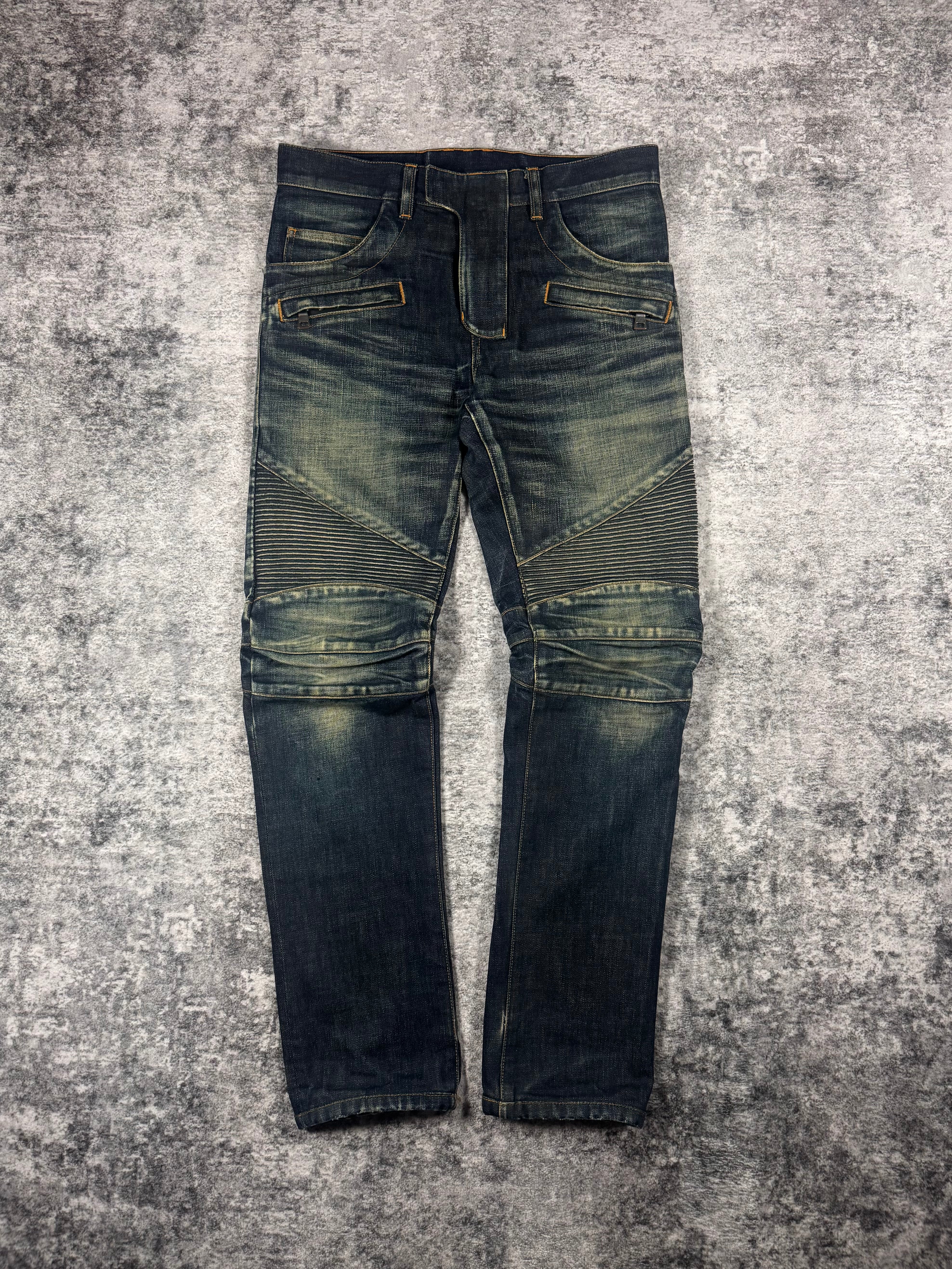 SS14 Balmain Homme Olivier Rousteing deep indigo faded biker jeans with ribbed knee panels