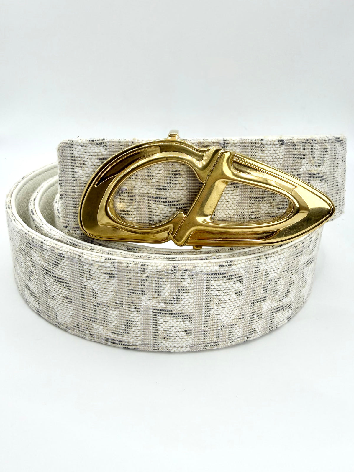 Dior White Oblique Jacquard Sculptural ‘CD’ Canvas Leather Belt
