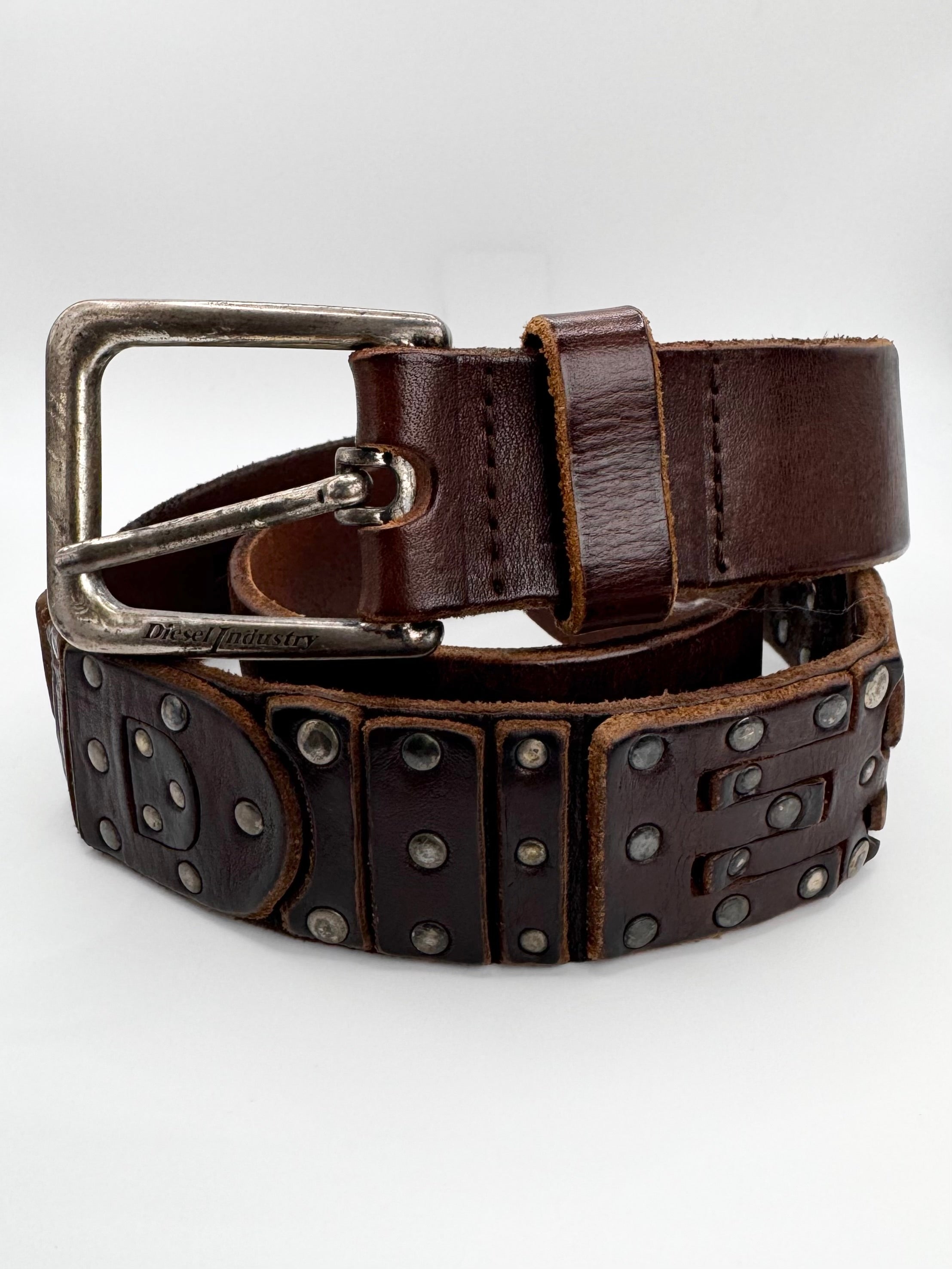 2000s Diesel Studded Panel Logo Leather Brown Leather Belt