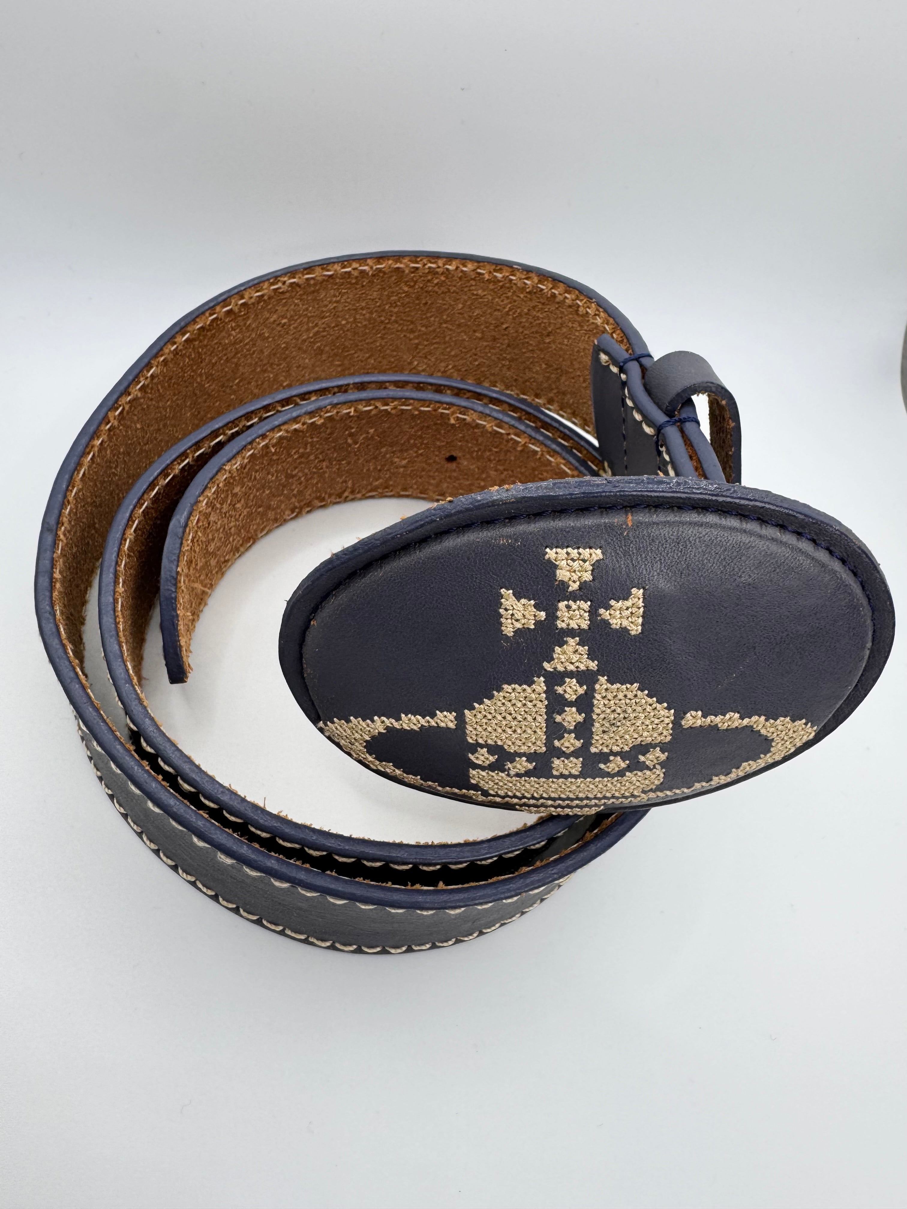 Vivienne Westwood Navy Woven Orb Leather Belt