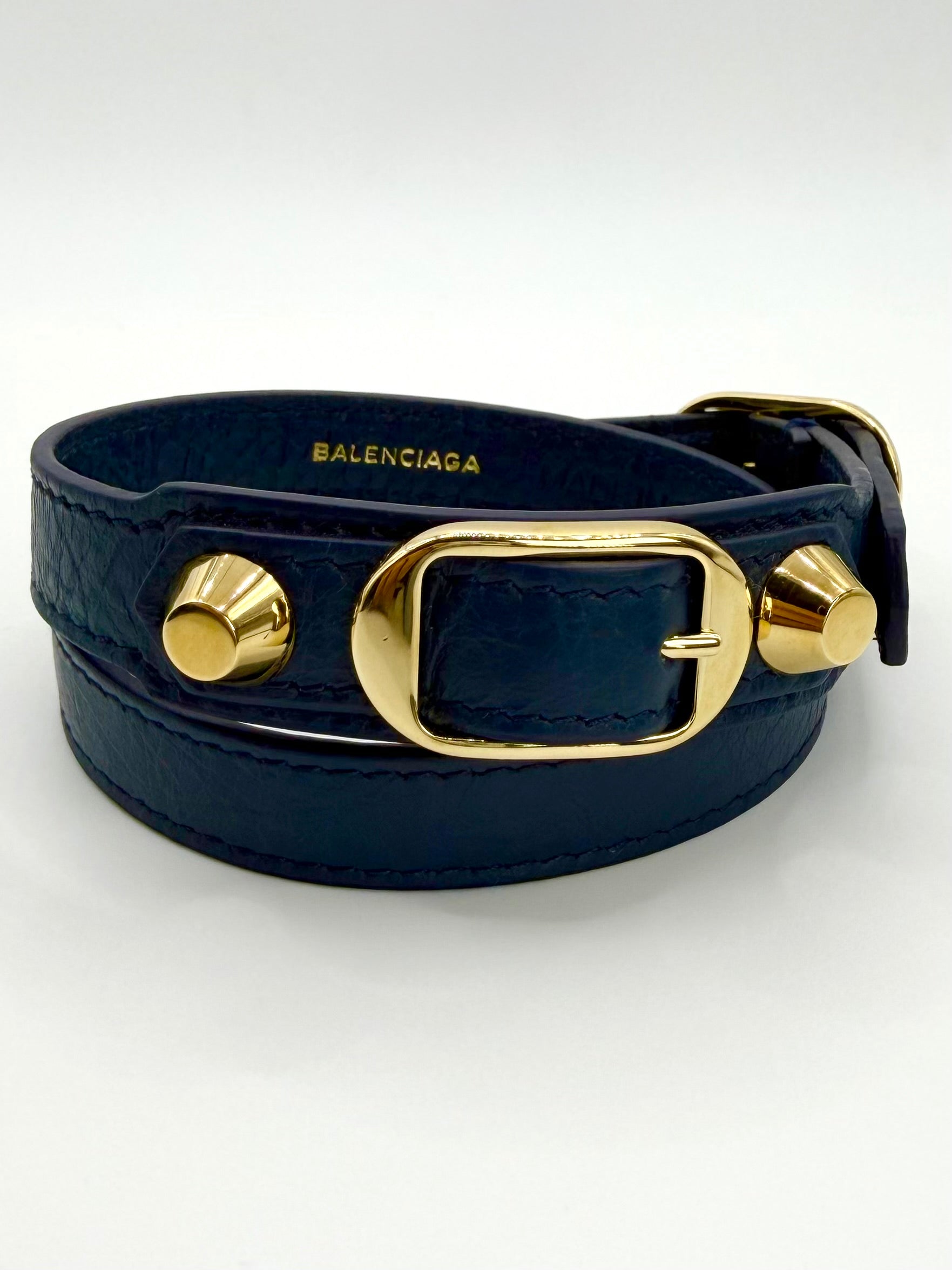 Balenciaga ‘City’ Navy Calfskin Leather Studded Wrap Bracelet
