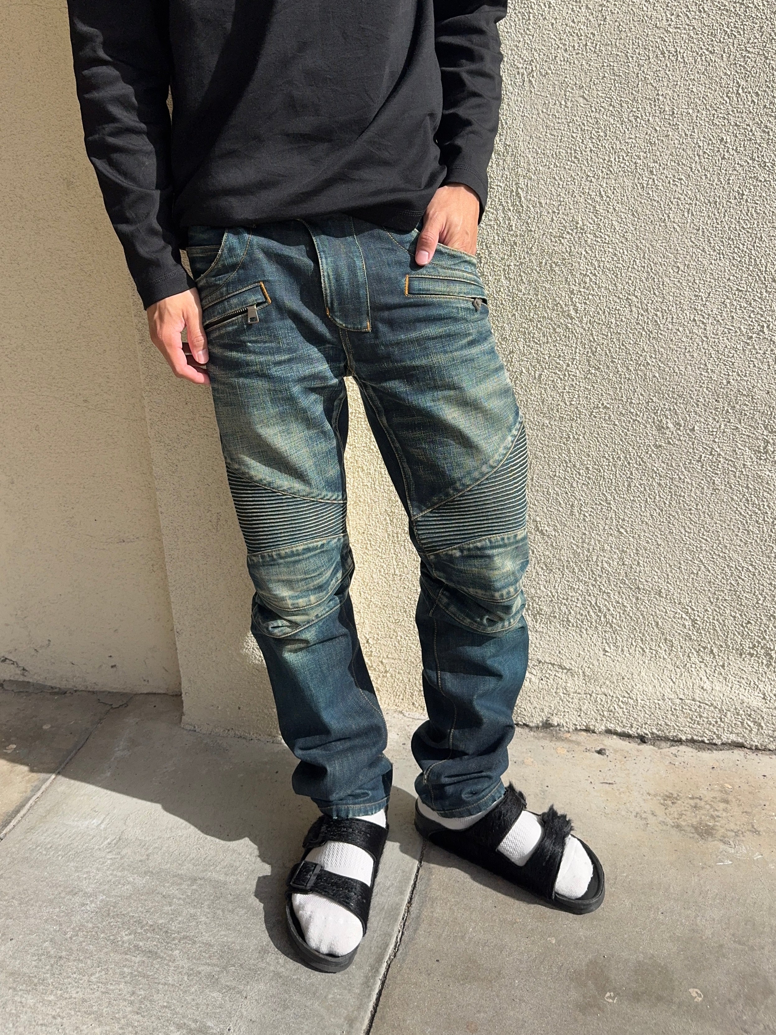 SS14 Balmain Homme Olivier Rousteing Faded ‘Deep Indigo’ Biker Denim
