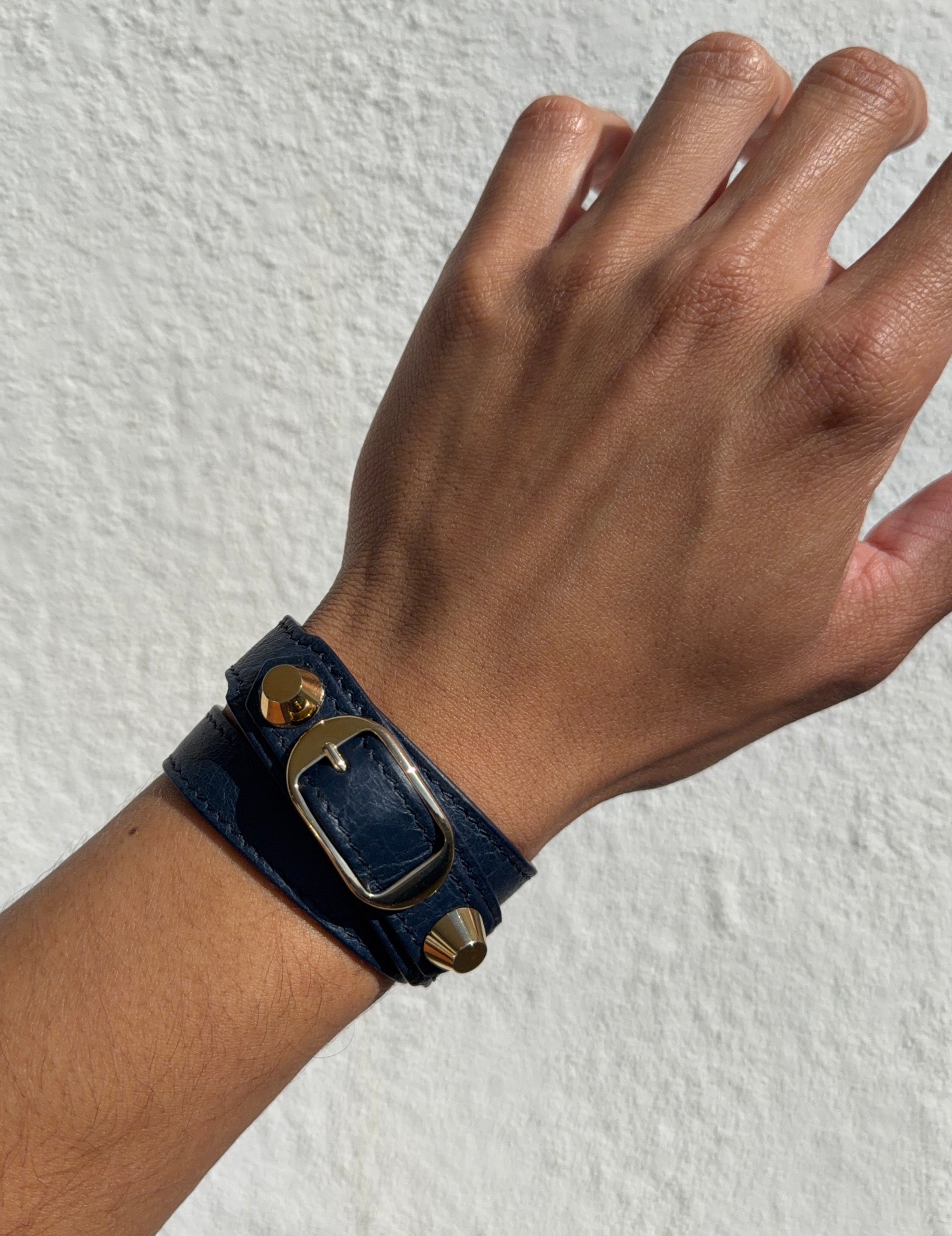 Balenciaga ‘City’ Navy Calfskin Leather Studded Wrap Bracelet