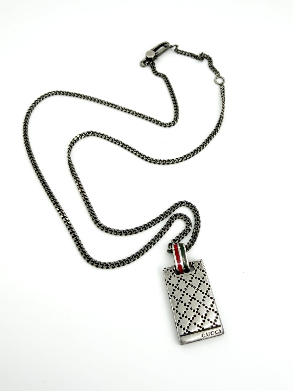 2000s Gucci 'Diamante' Web Stripe Dog Tag .925 Silver Necklace