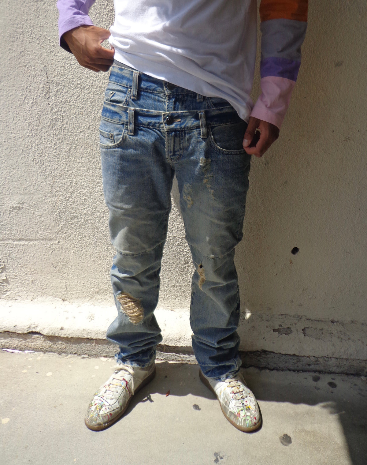 2000s PPFM Double Waist Sashiko Distress Faded Wash Denim