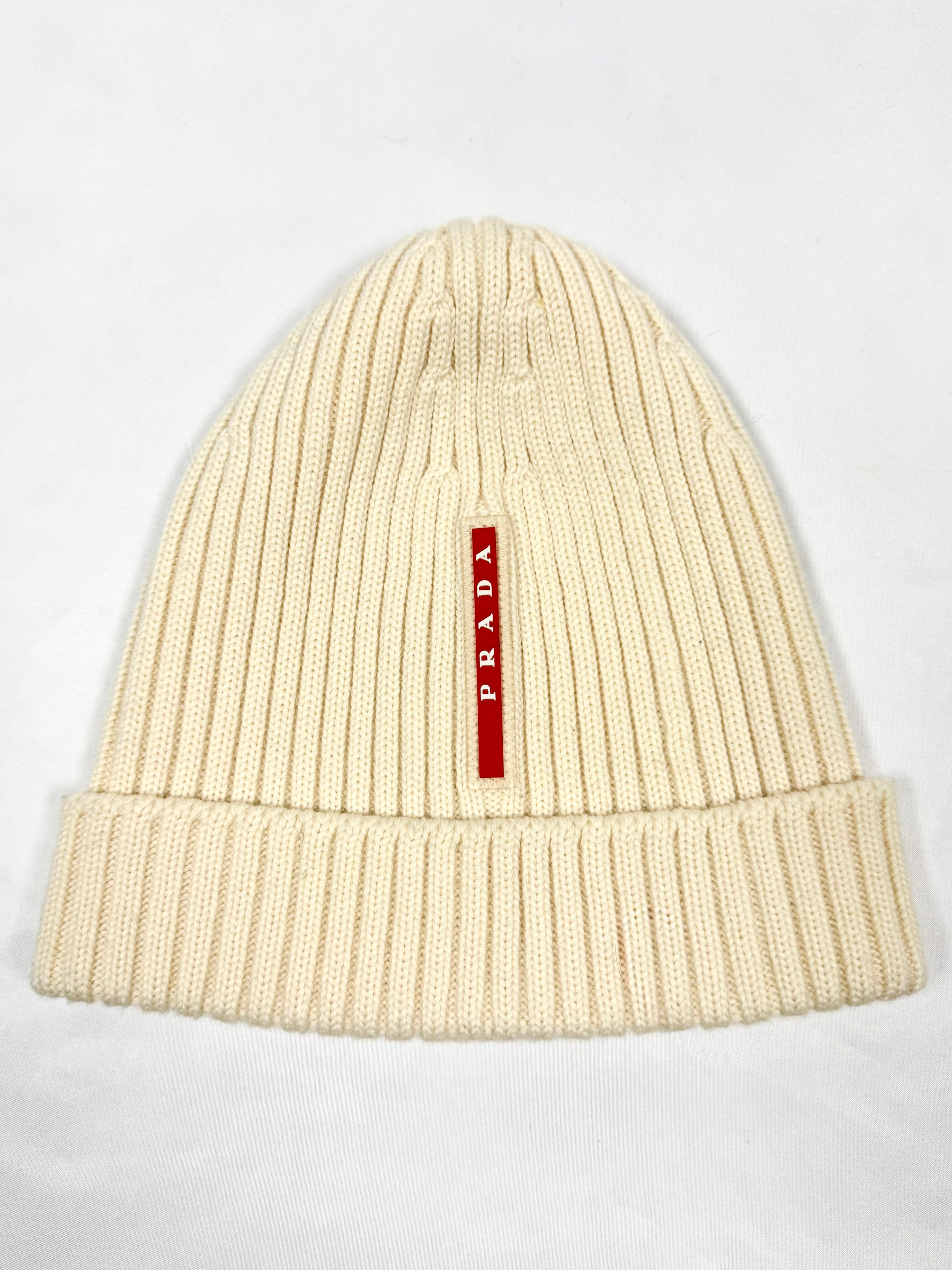 FW17 Prada Linea Rosa Cream Ribbed Knit Beanie