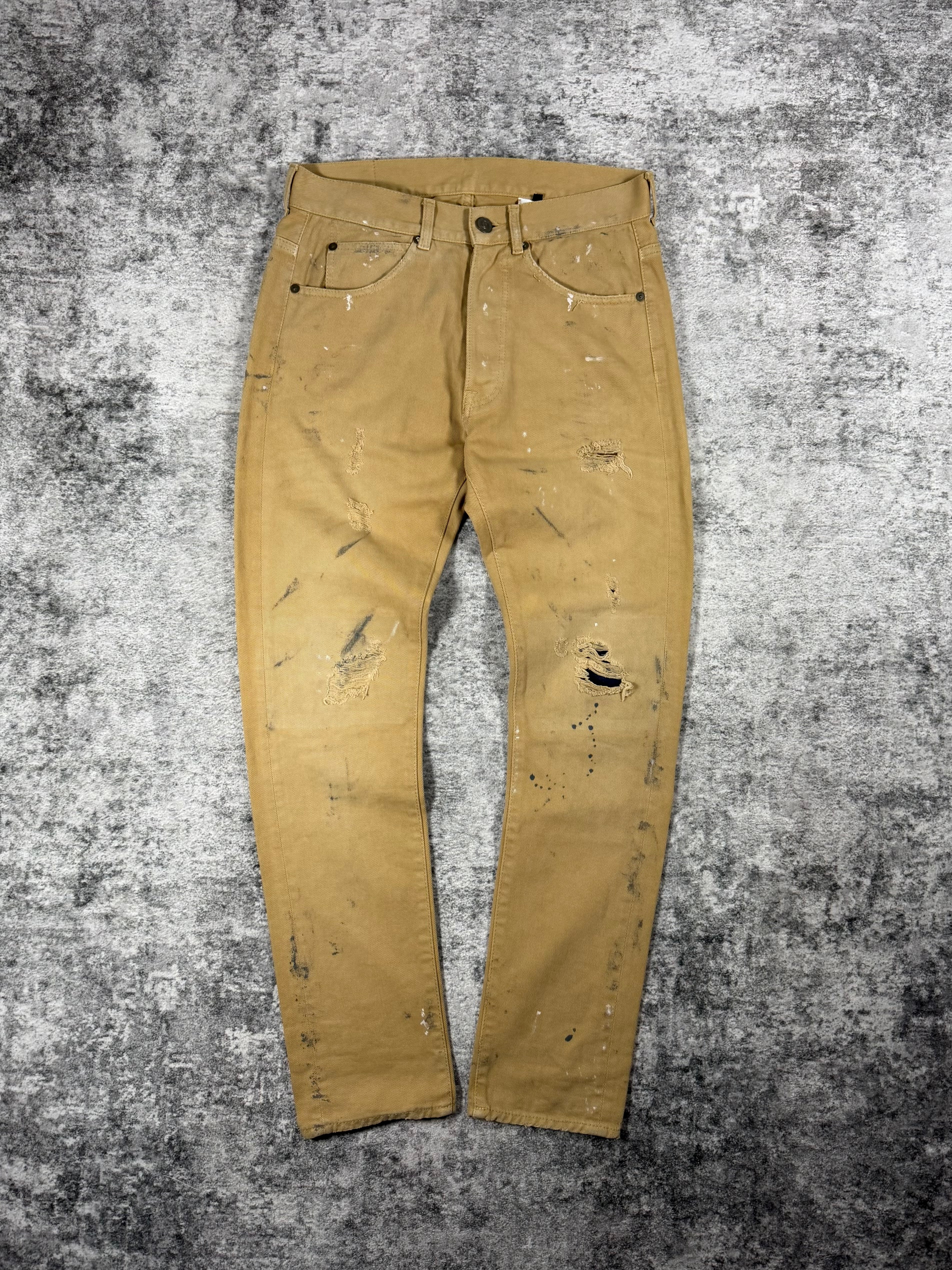 2010s Alexander McQueen ‘McQ’ Paint-Splattered Khaki Distress Denim