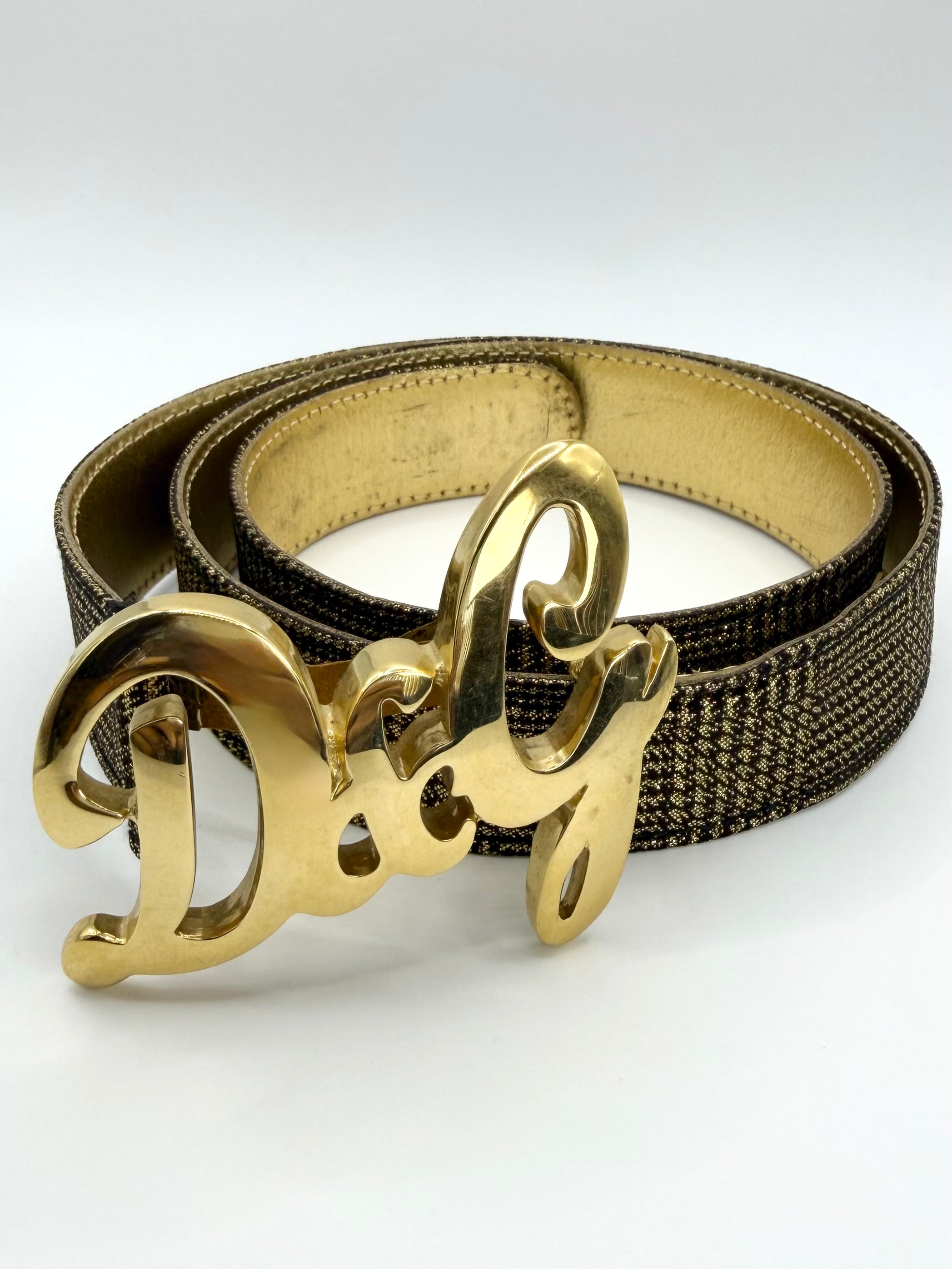 2000s Dolce & Gabbana ‘DG’ Gold Jacquard Canvas Leather Belt