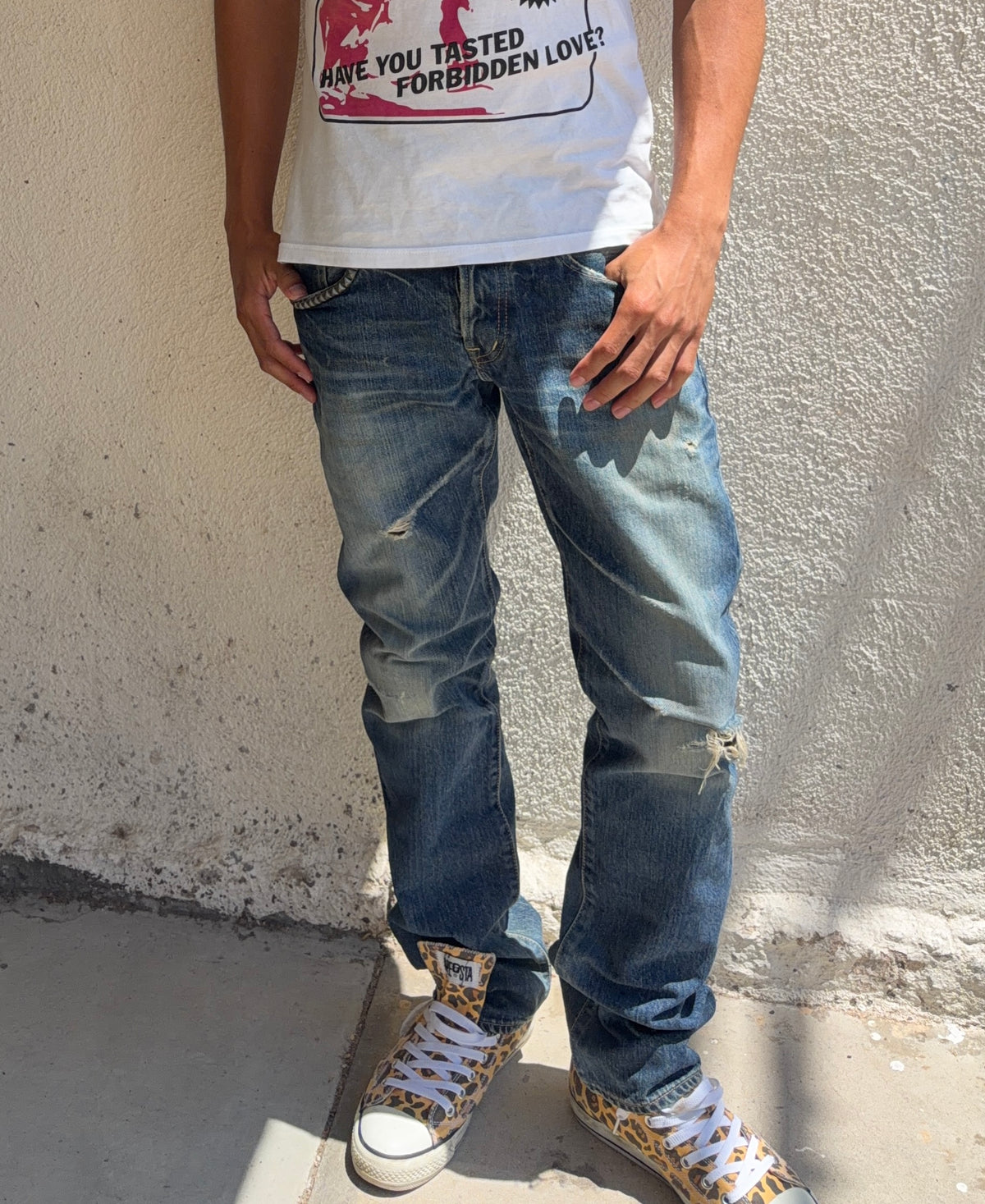 2000s Hysteric Glamour Faded Indigo Studded Distressed Denim