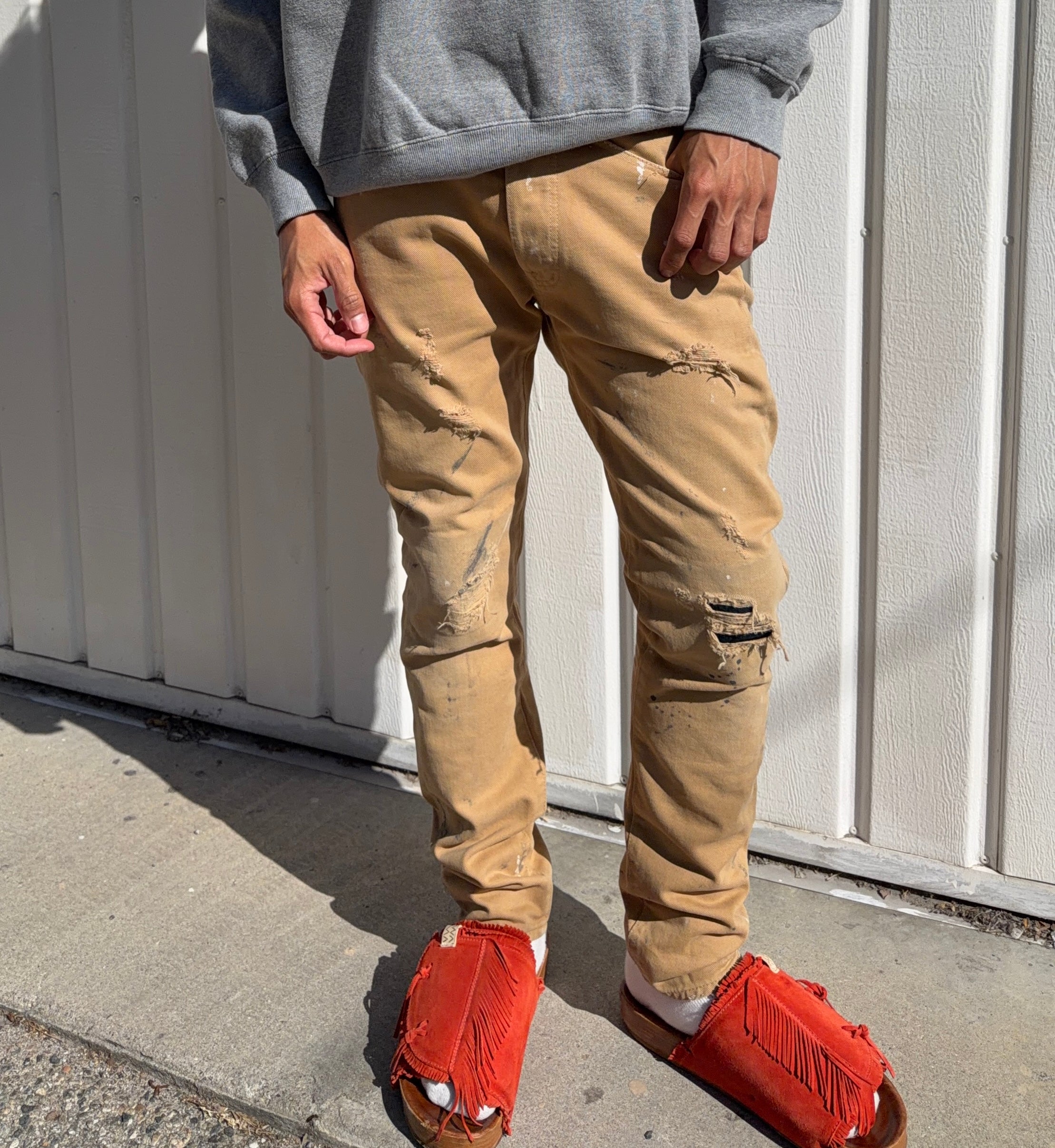 2010s Alexander McQueen ‘McQ’ Paint-Splattered Khaki Distress Denim