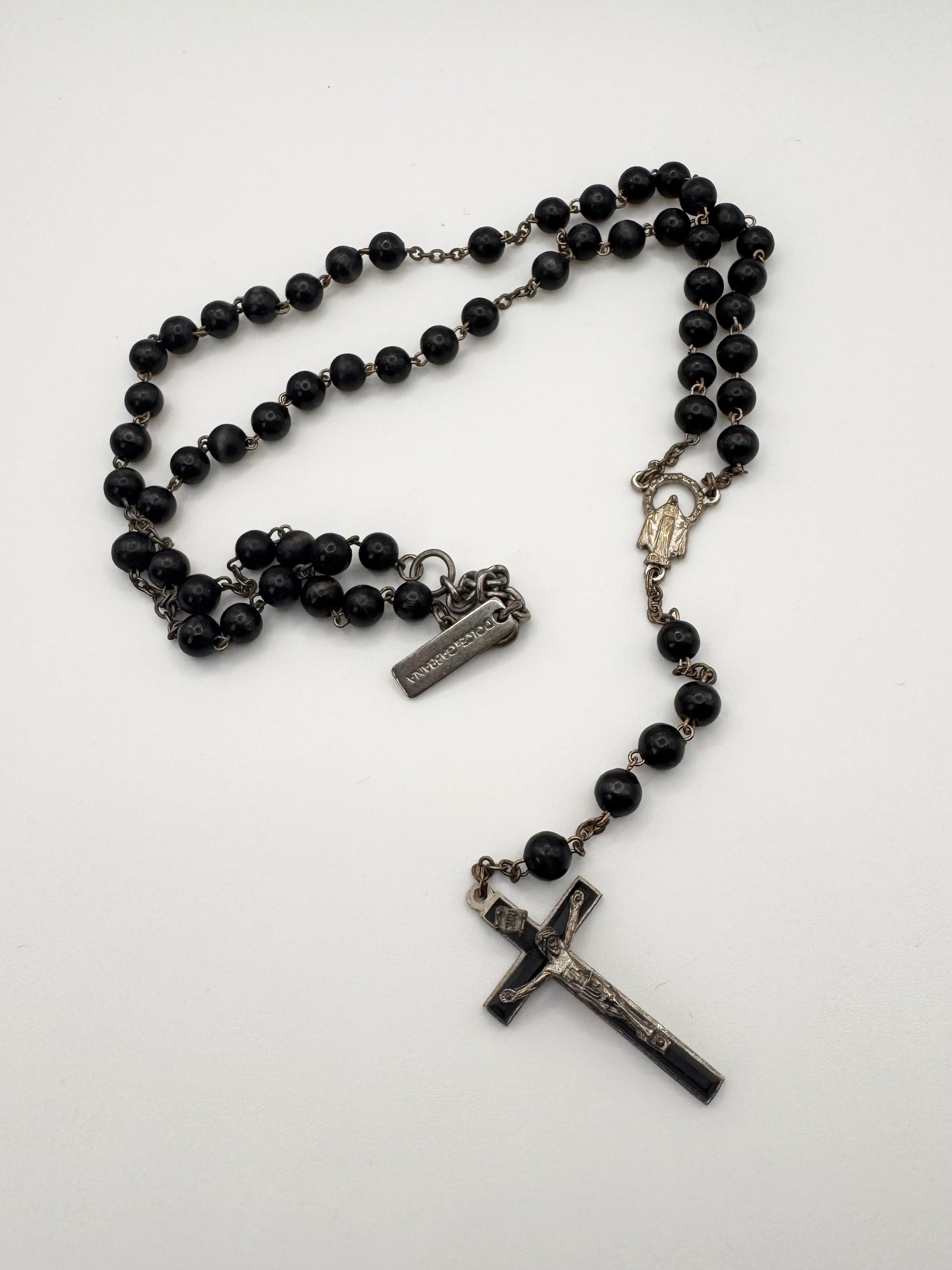 2000s Dolce & Gabbana Black Beaded Rosary Cross Necklace