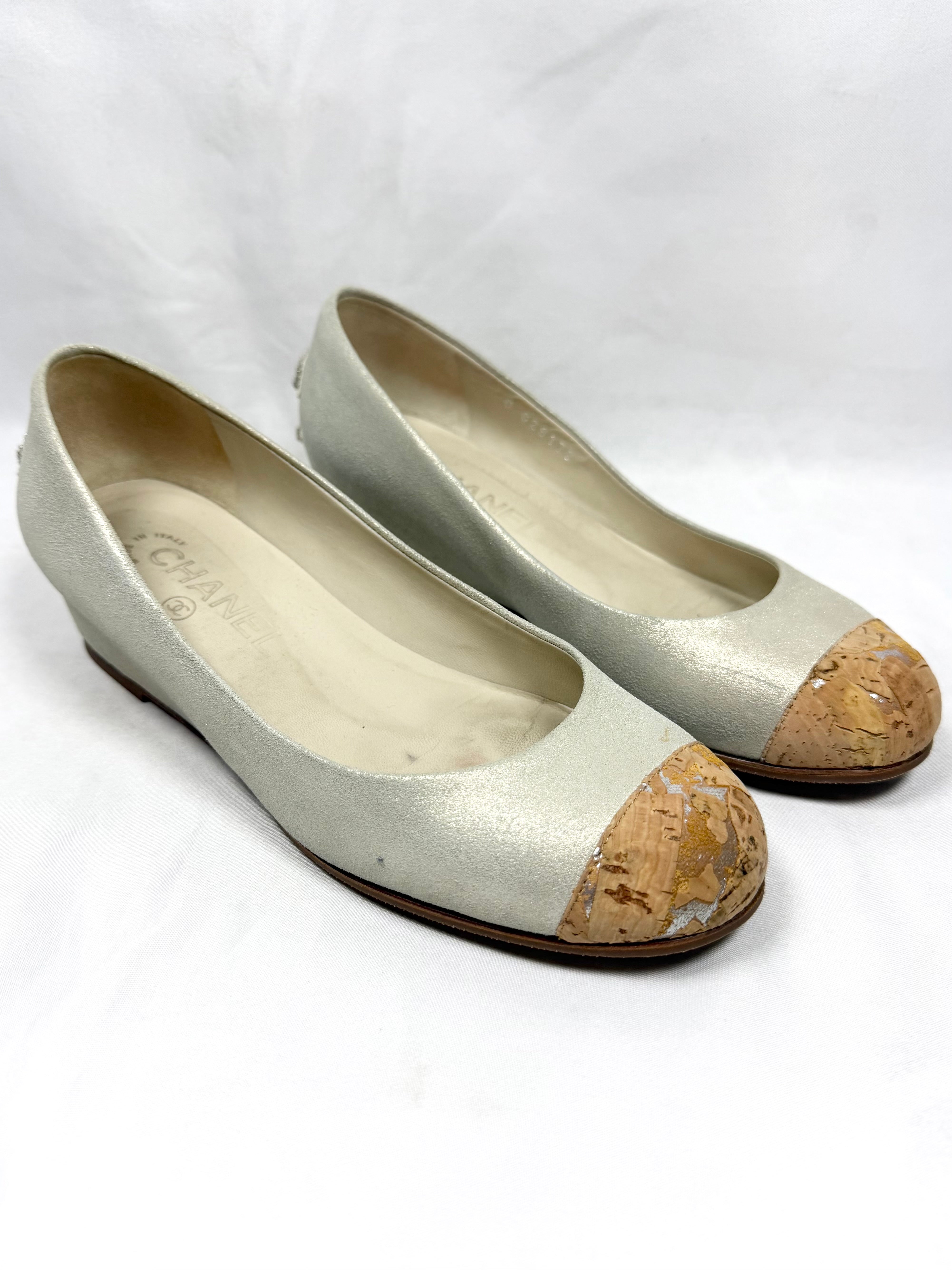 2000s Chanel Pearl Metallic ‘Cork Cap Toe’ Wedge Pumps