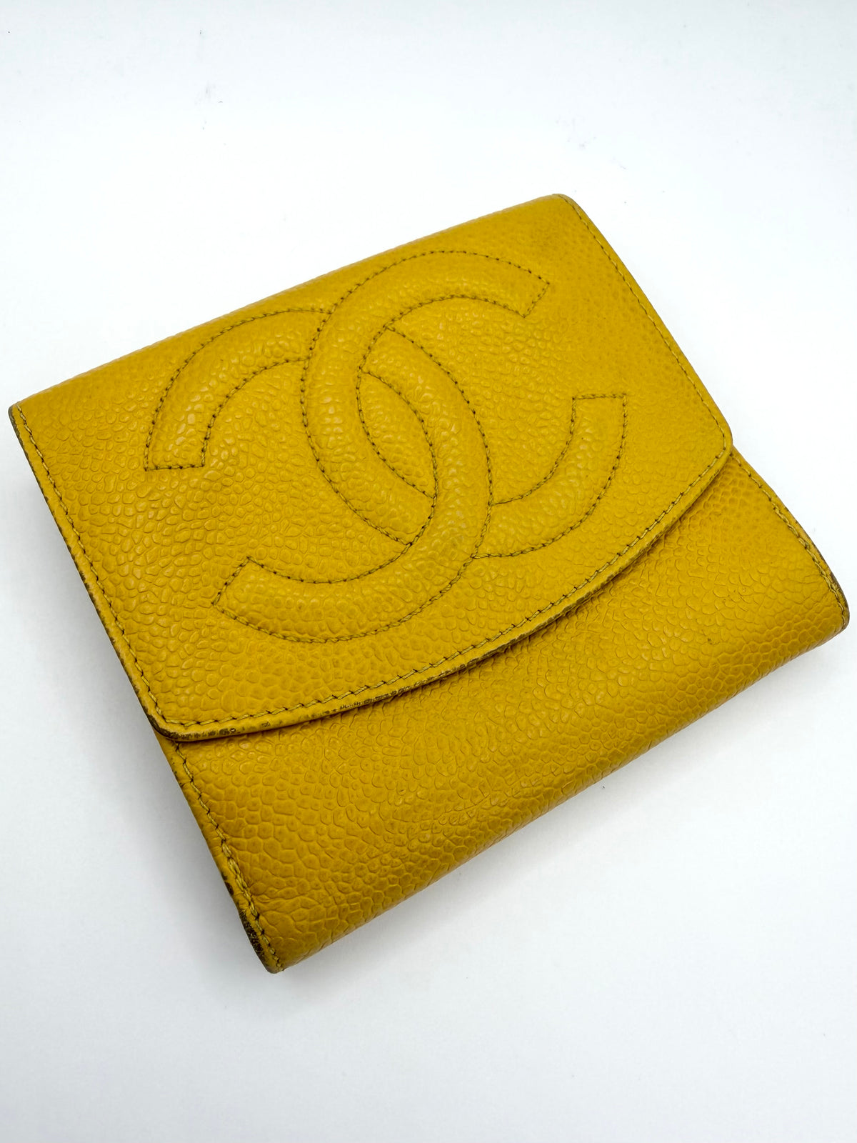 1997 Chanel Yellow Caviar Leather Oversized ‘CC’ Bifold Wallet
