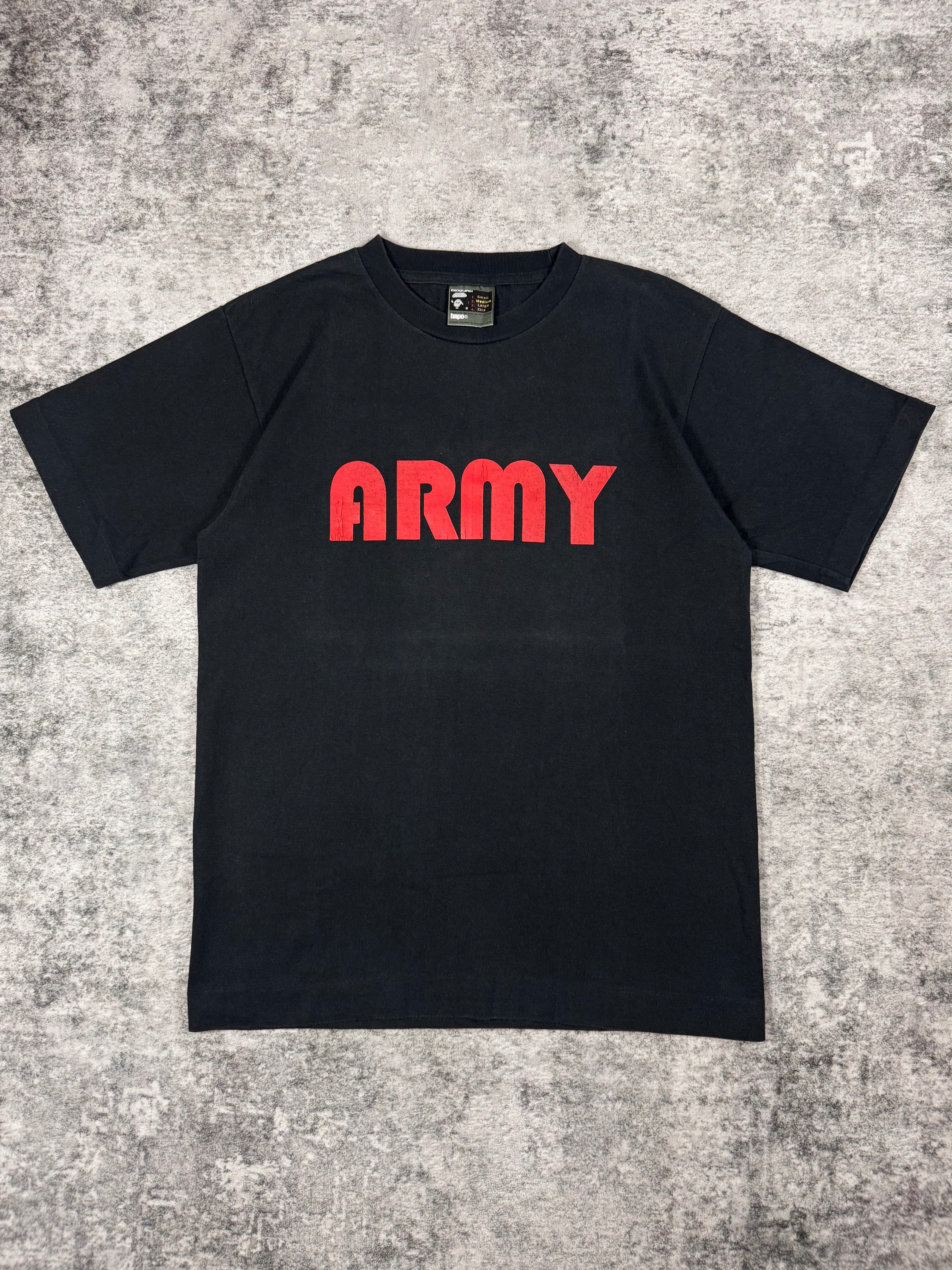 Mid-2000s BAPE Baby Milo black ARMY graphic T-shirt with back print, made in Japan