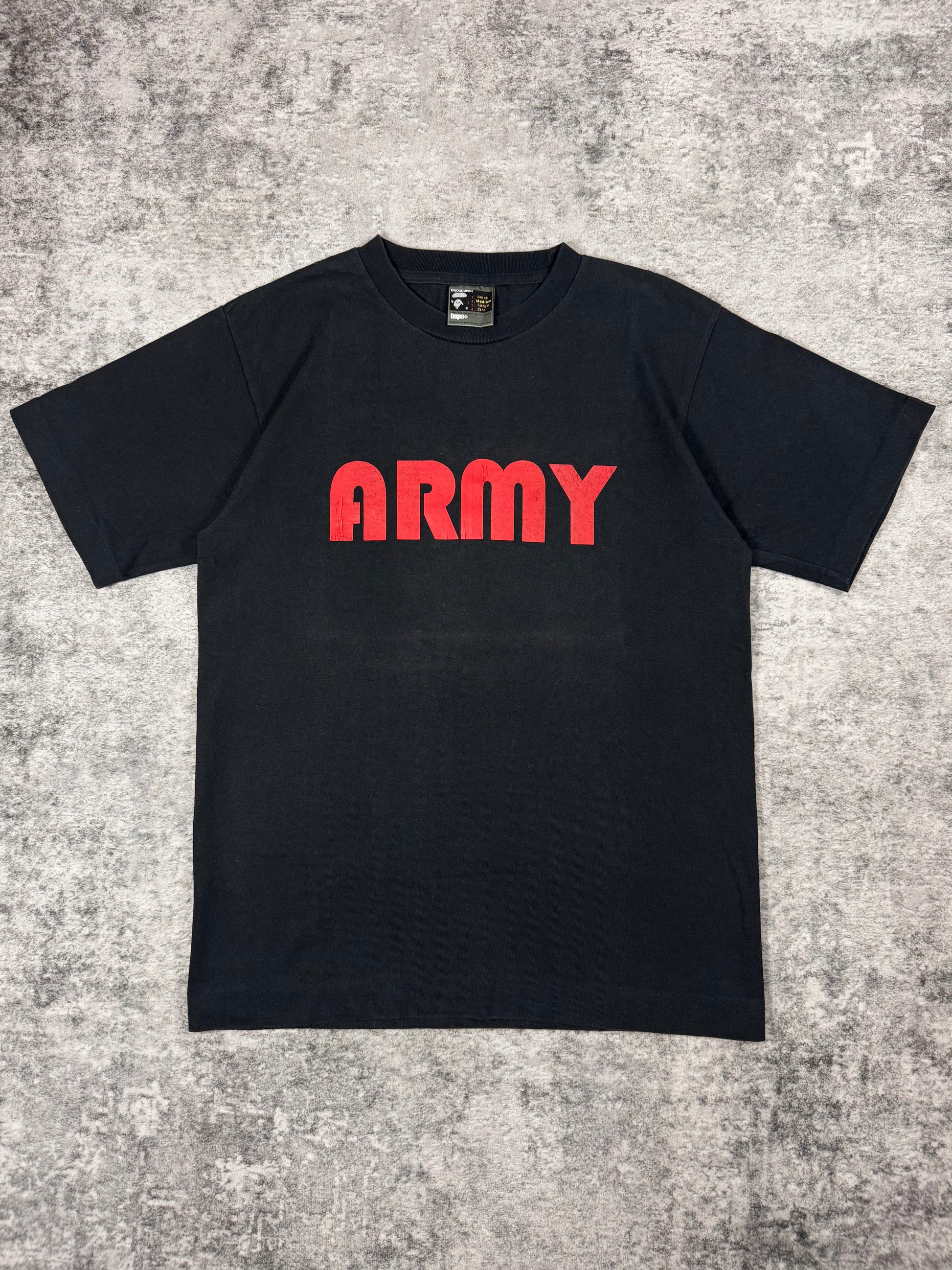 Mid-2000s BAPE Baby Milo black ARMY graphic T-shirt with back print, made in Japan