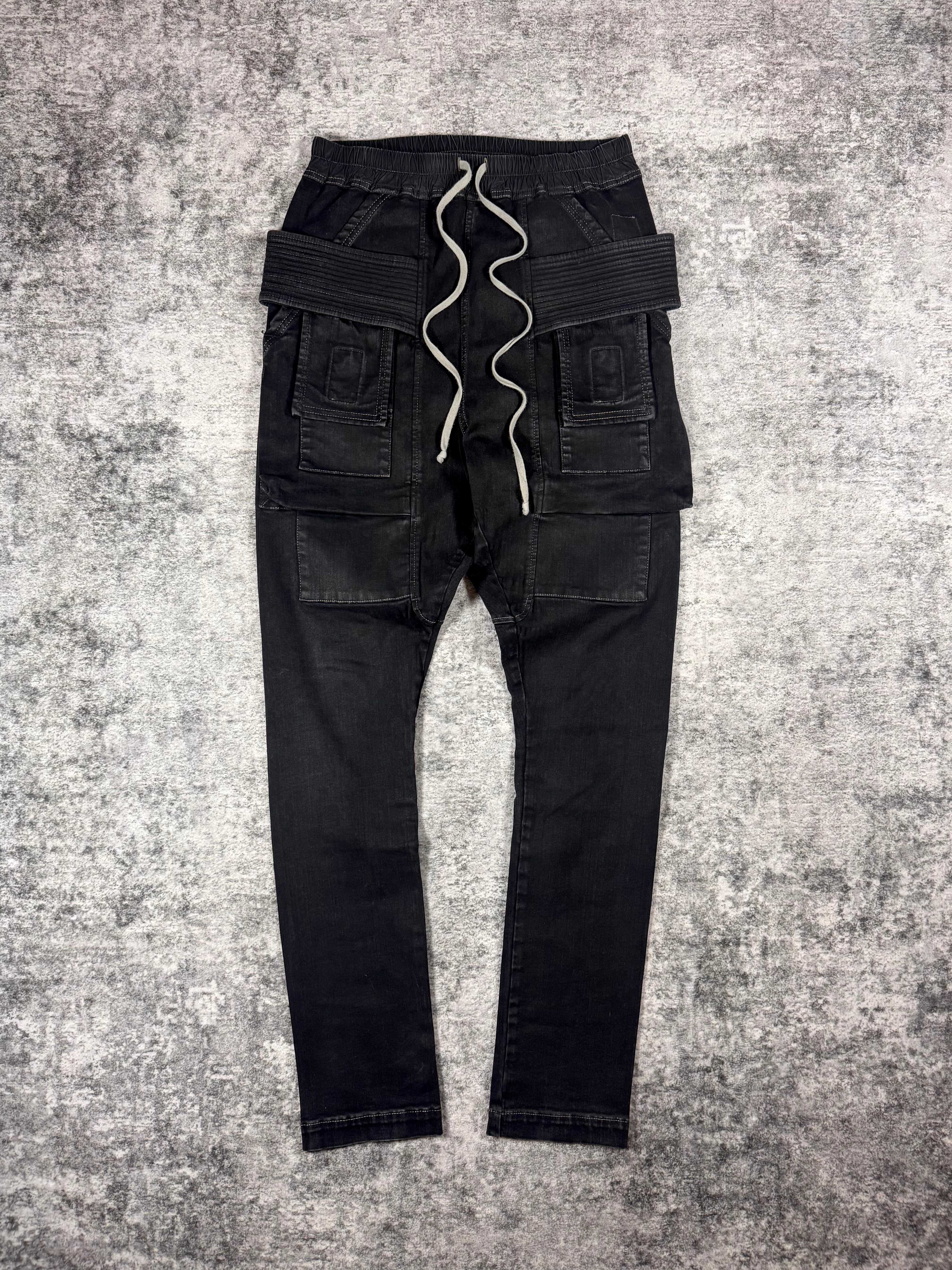 FW21 Rick Owens “Gethsemane” Black Waxed Creatch Cargo Pants