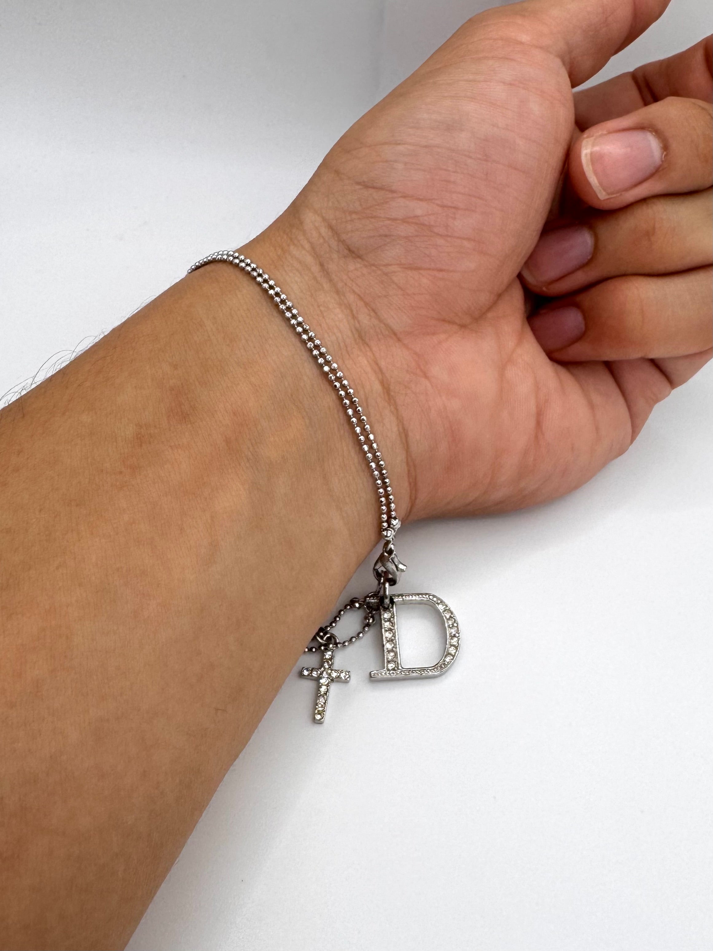 2000s Christian Dior Pavé “D” Initial & Cross Charm Rhinestone Bracelet