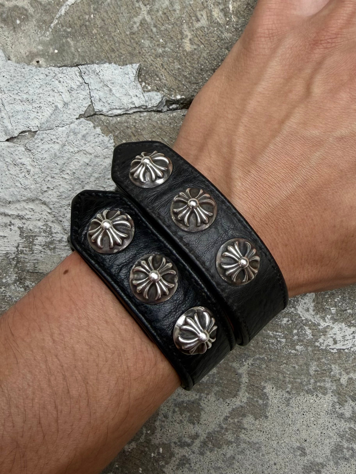 Chrome Hearts Triple Crossball Studded Black Leather Bracelet