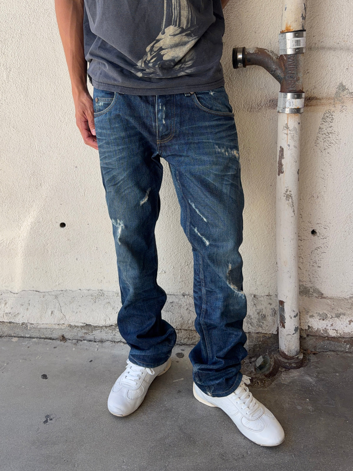 2000s Roberto Cavalli Deep Indigo Distressed Whisker Denim