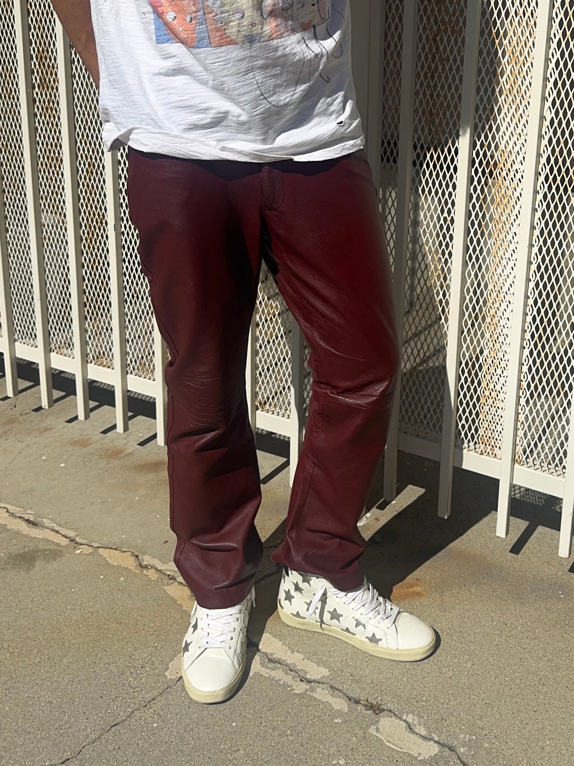 2000s Jean Paul Gaultier Homme Burgundy Lamb Leather Flare Pants