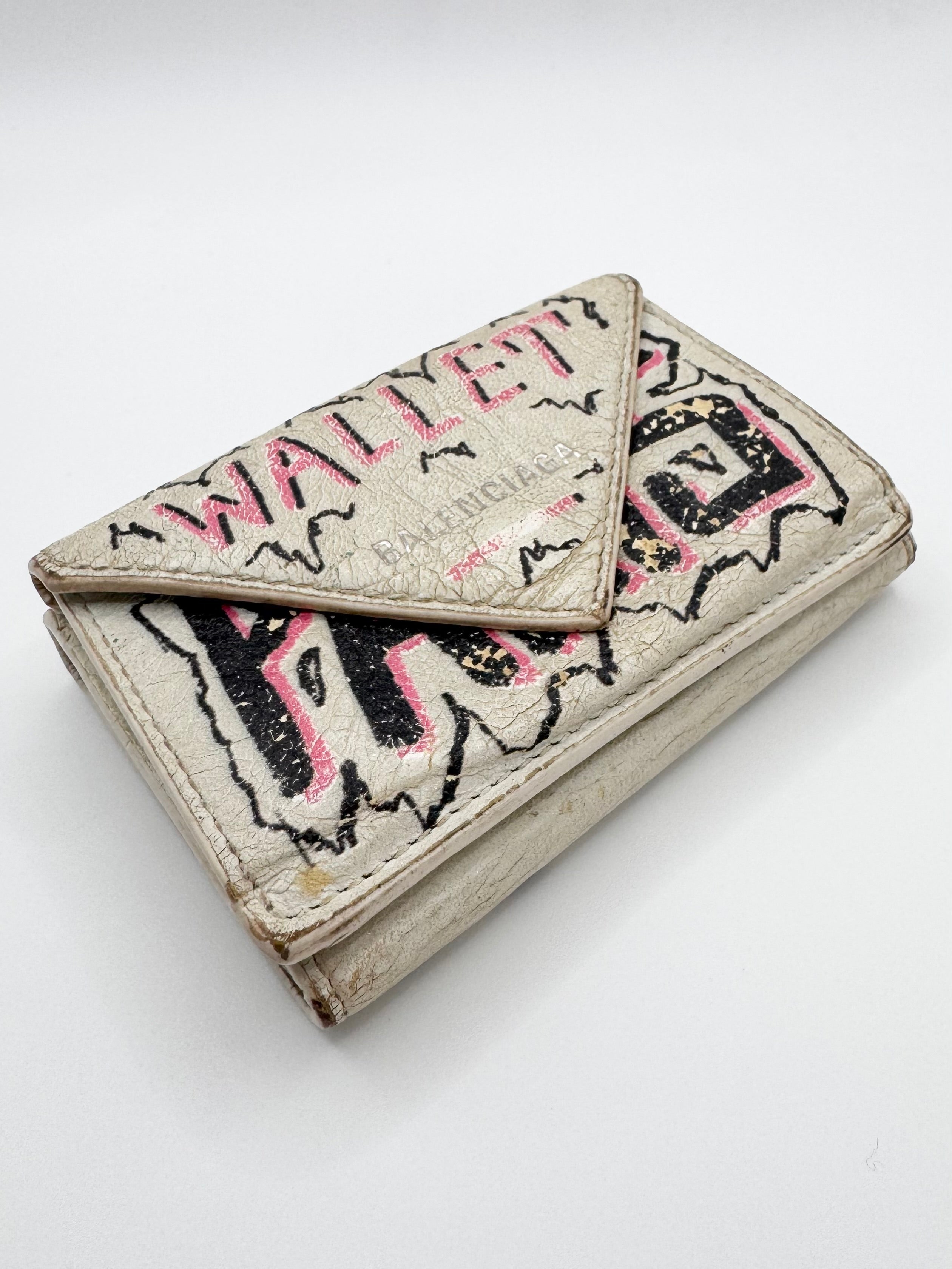 Balenciaga White ‘Graffiti’ Papier Tri-Fold Leather Wallet