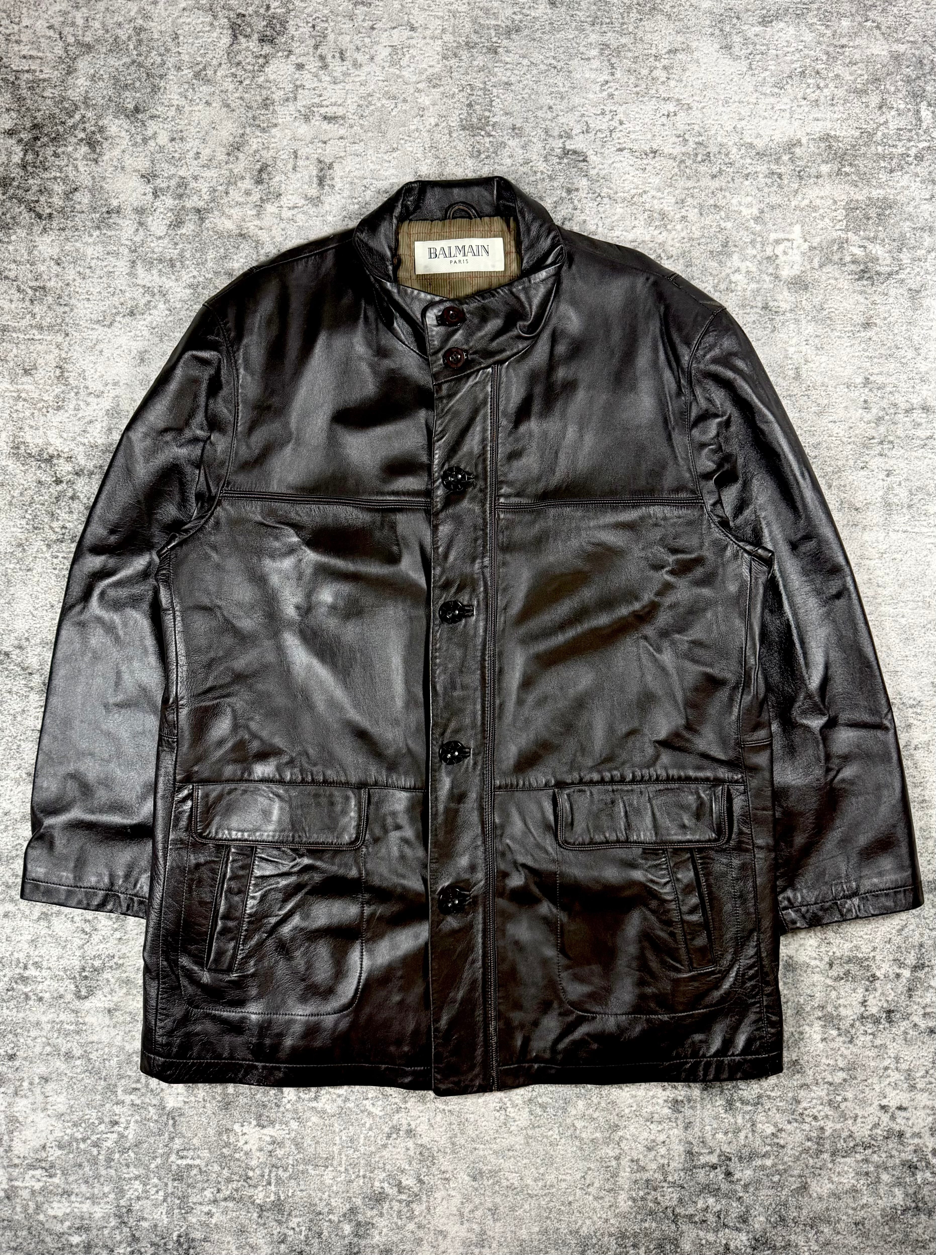2000s Balmain Laurent Mercier Vintage Black Lamb Leather Coat