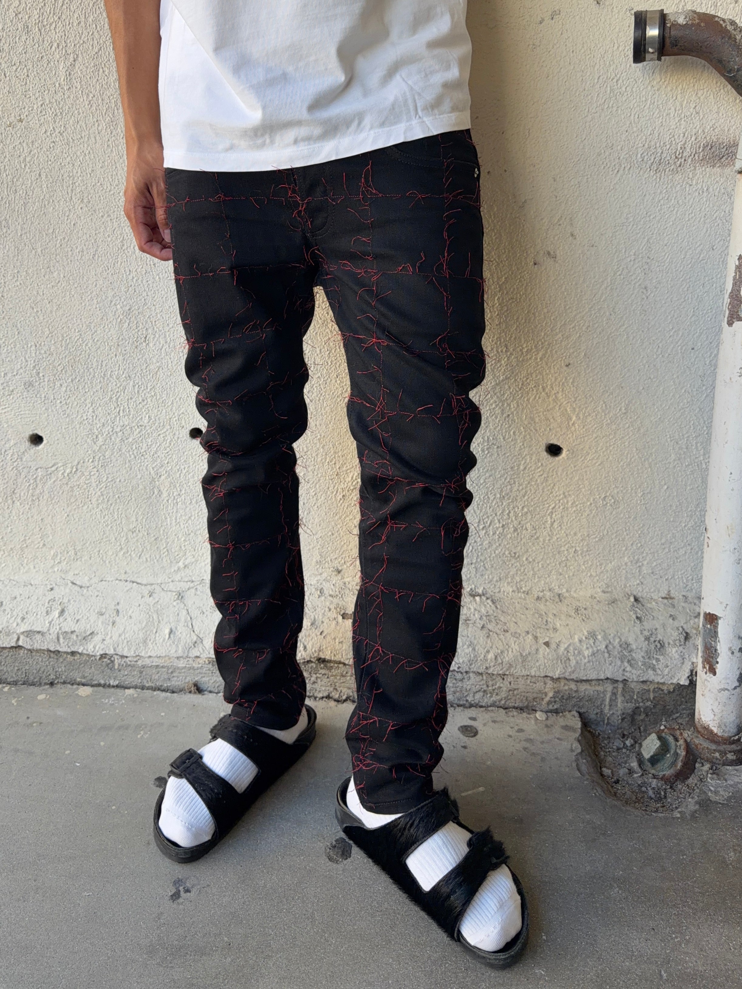 SS17 Dior Homme Kris Van Assche Frayed Red Grid Stitch Denim