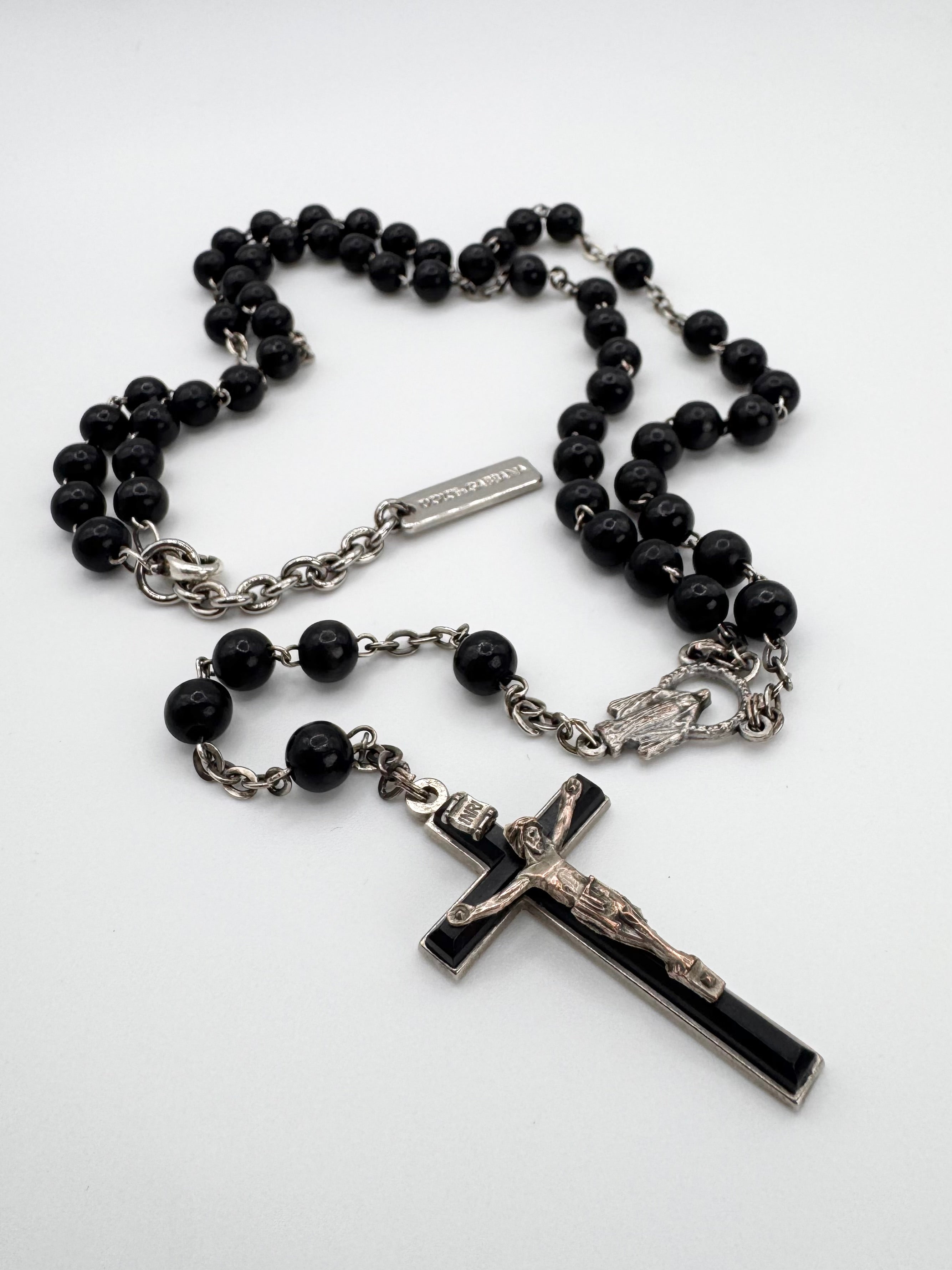 2000s Dolce & Gabbana Black Beaded Rosary Cross Necklace