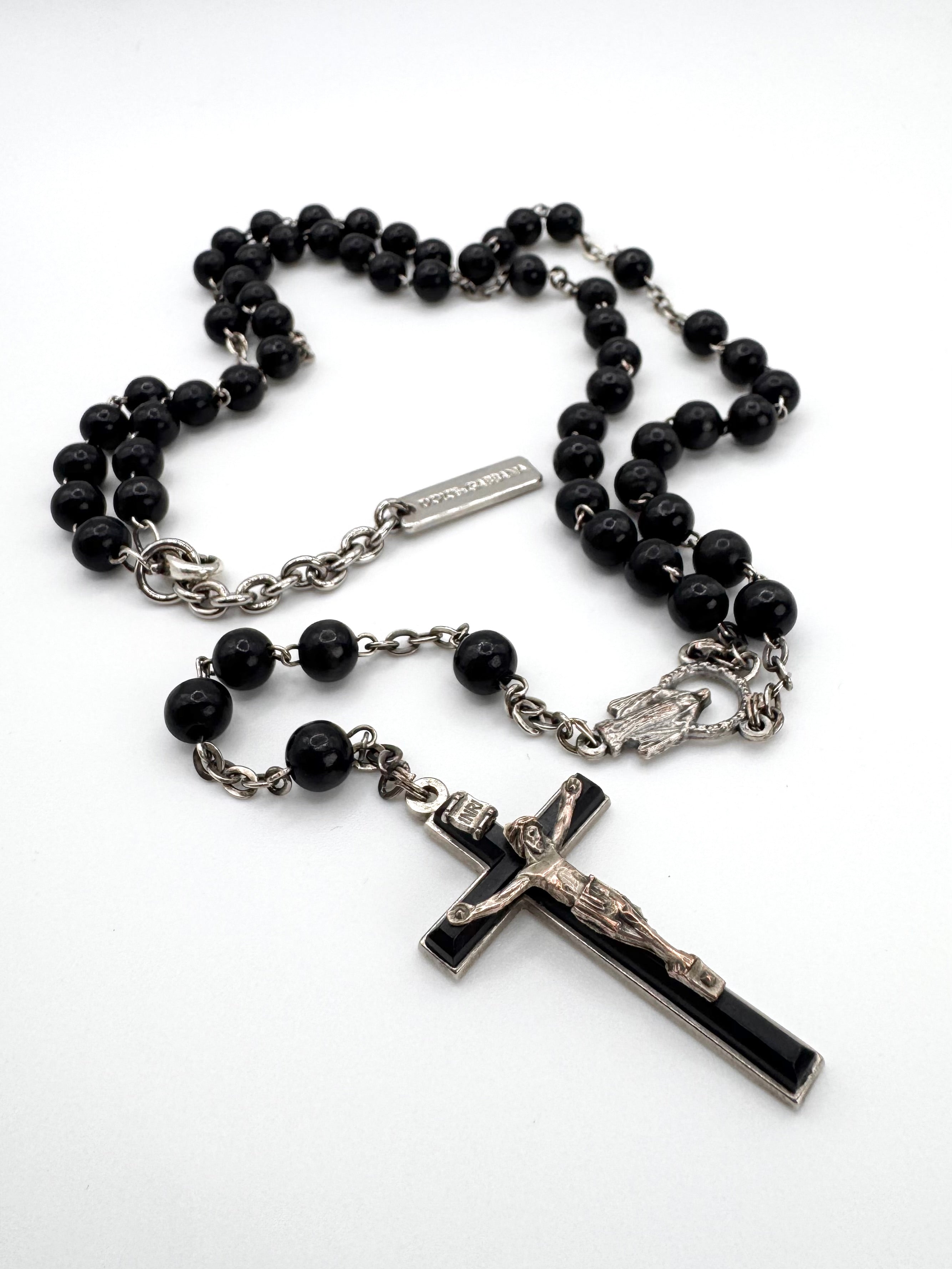 2000s Dolce & Gabbana Black Beaded Rosary Cross Necklace