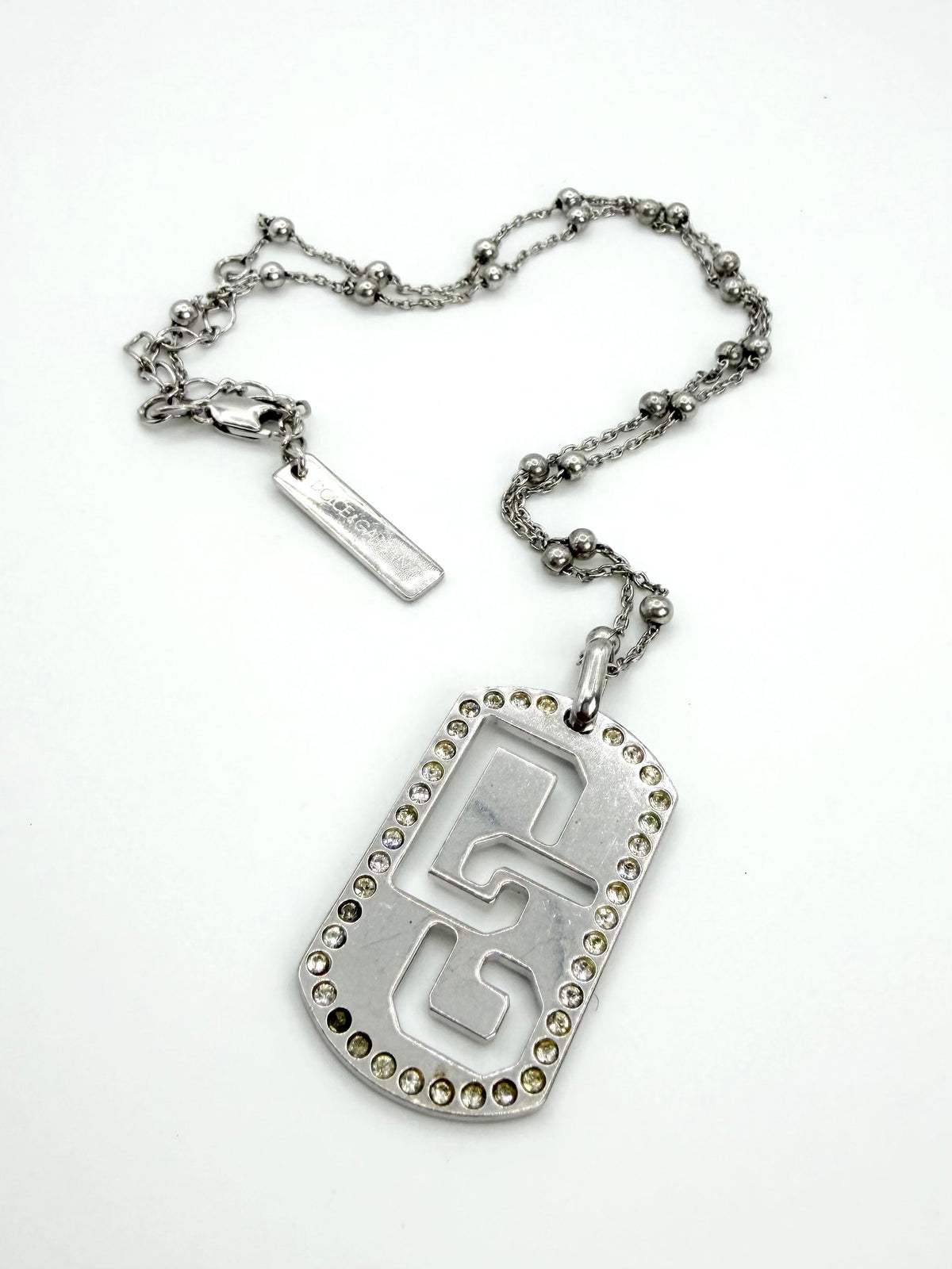 2000s Dolce & Gabbana .925 Silver Crystal ‘DG’ Cutout Pendant Necklace